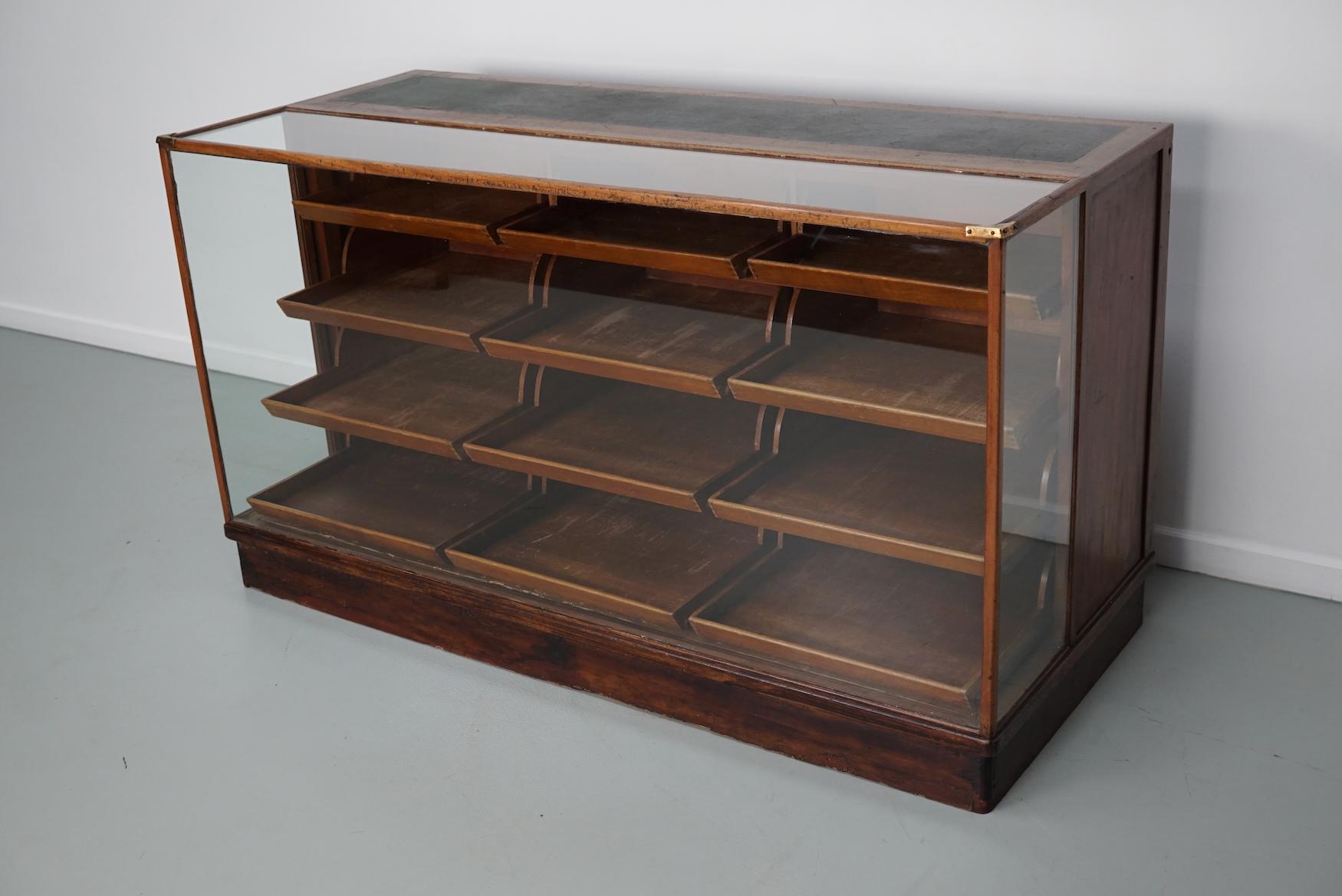 Antique French Mahogany Glass Shop Counter Haberdashery Cabinet Vitrine, ca 1930 In Good Condition In Nijmegen, NL