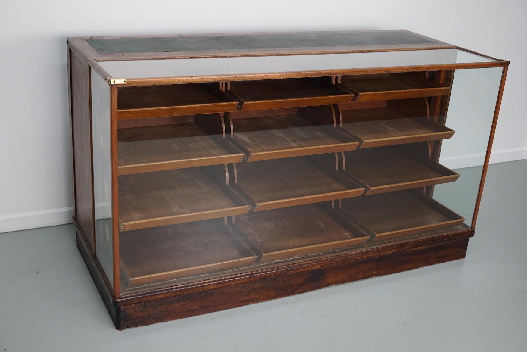 Antique French Mahogany Glass Shop Counter Haberdashery Cabinet Vitrine, ca 1930 1
