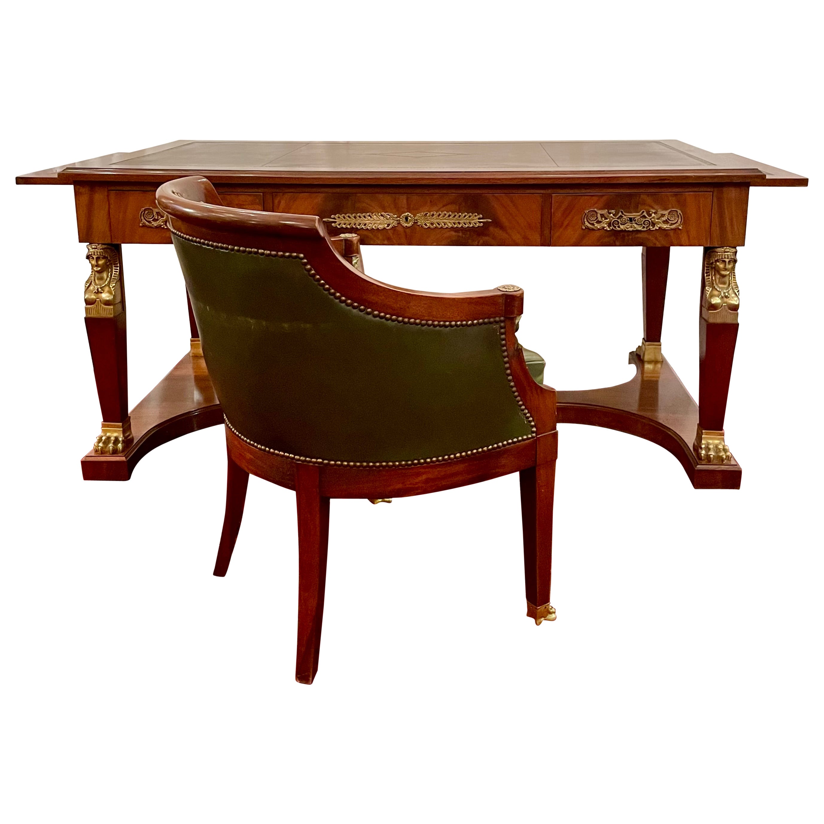 Antique French Mahogany 
Gold Bronze Desk with Matching Armchair, Circa 1890
s. For Sale