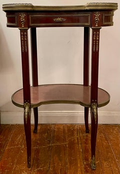 Antique French Mahogany & Gold Bronze Marble Top Kidney Shaped Table Circa 1890