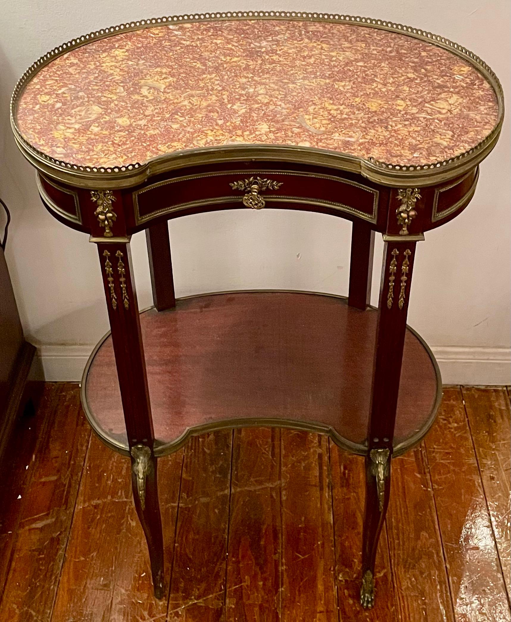 Francese Antique French Mahogany & Gold Bronze Marble Top Kidney Shaped Table Circa 1890 in vendita