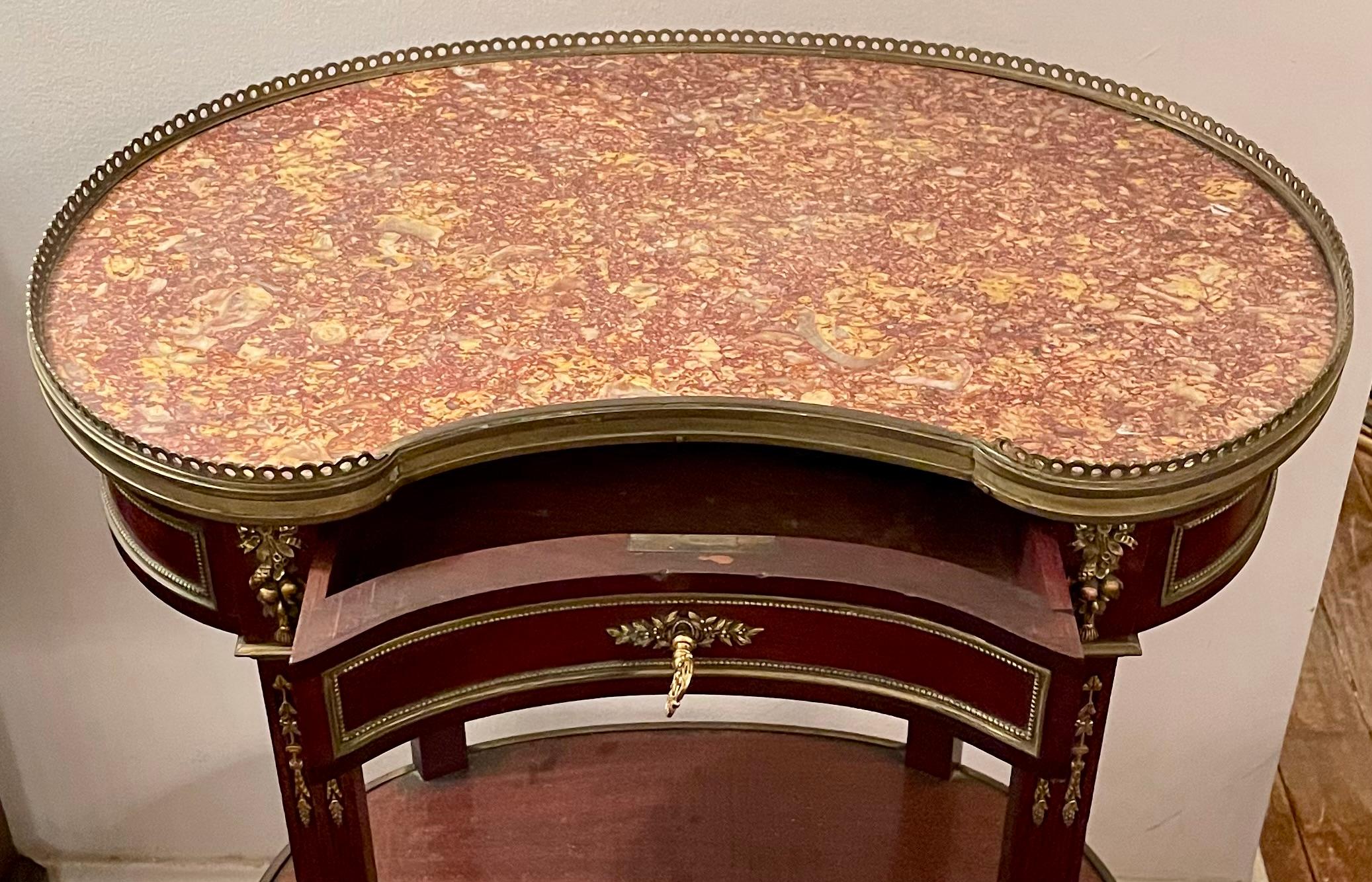 XIX secolo Antique French Mahogany & Gold Bronze Marble Top Kidney Shaped Table Circa 1890 in vendita