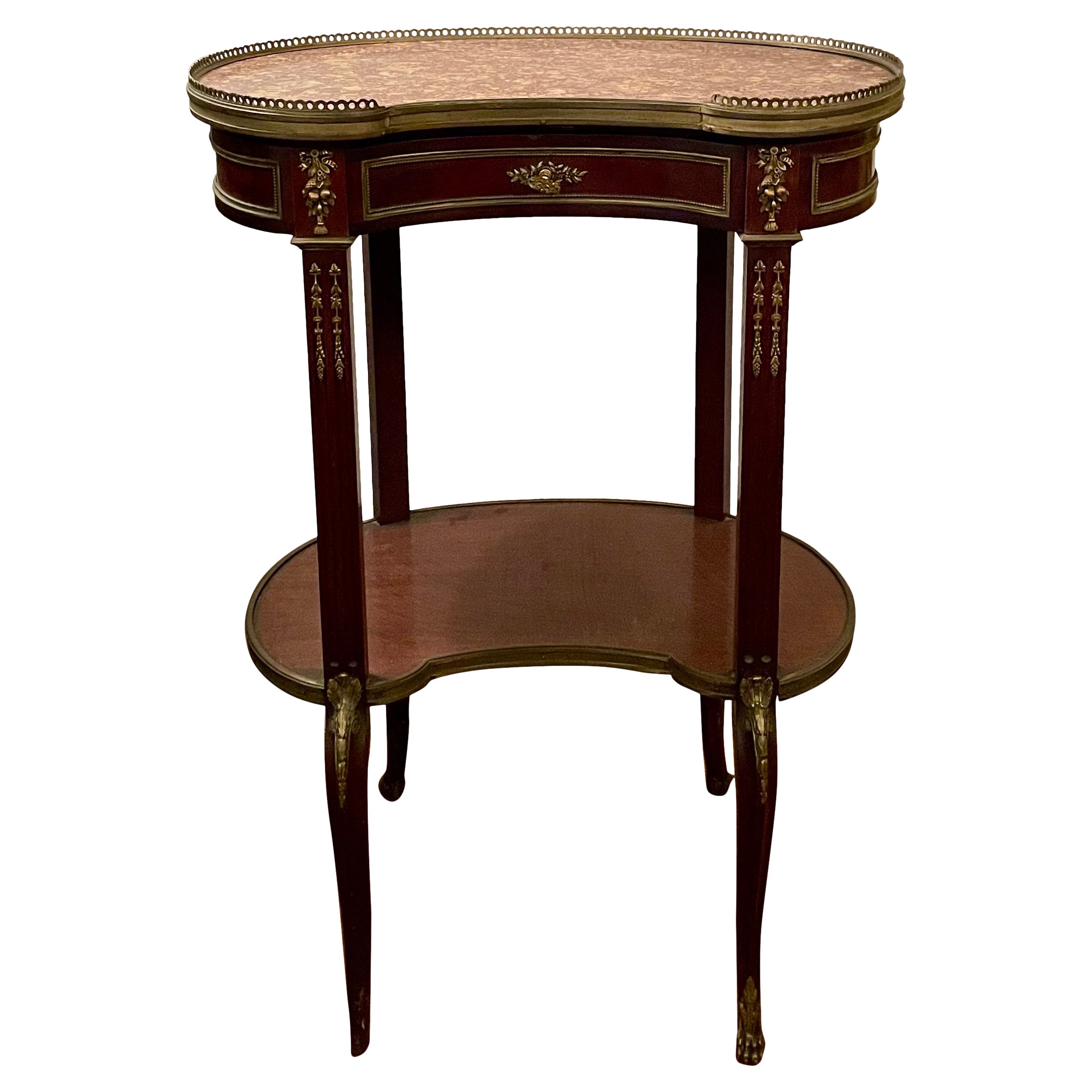 Antique French Mahogany & Gold Bronze Marble Top Kidney Shaped Table Circa 1890