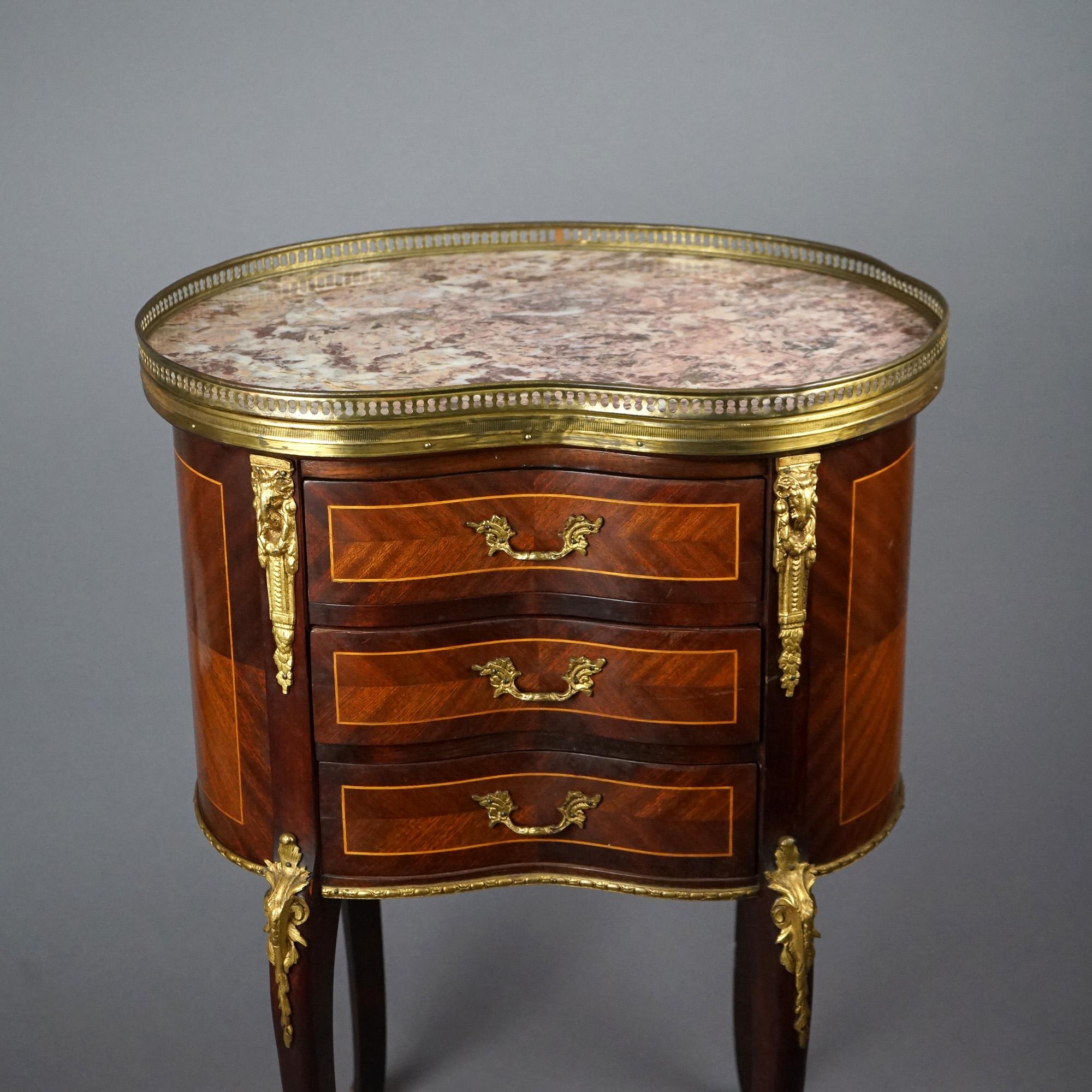 20th Century Antique French Mahogany, Kingwood, Marble & Ormolu Kidney Shaped Side Table For Sale