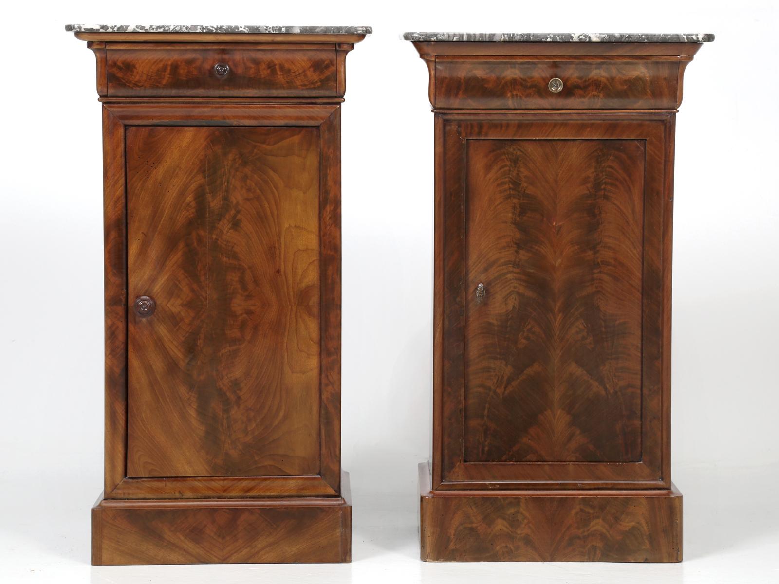 Antique French mahogany Louis Philippe style nightstands or in this case, end tables, since they are finished on all four sides. Our old plank restorer’s, applied an old fashion French polish, that simply makes the grain of the mahogany nightstands