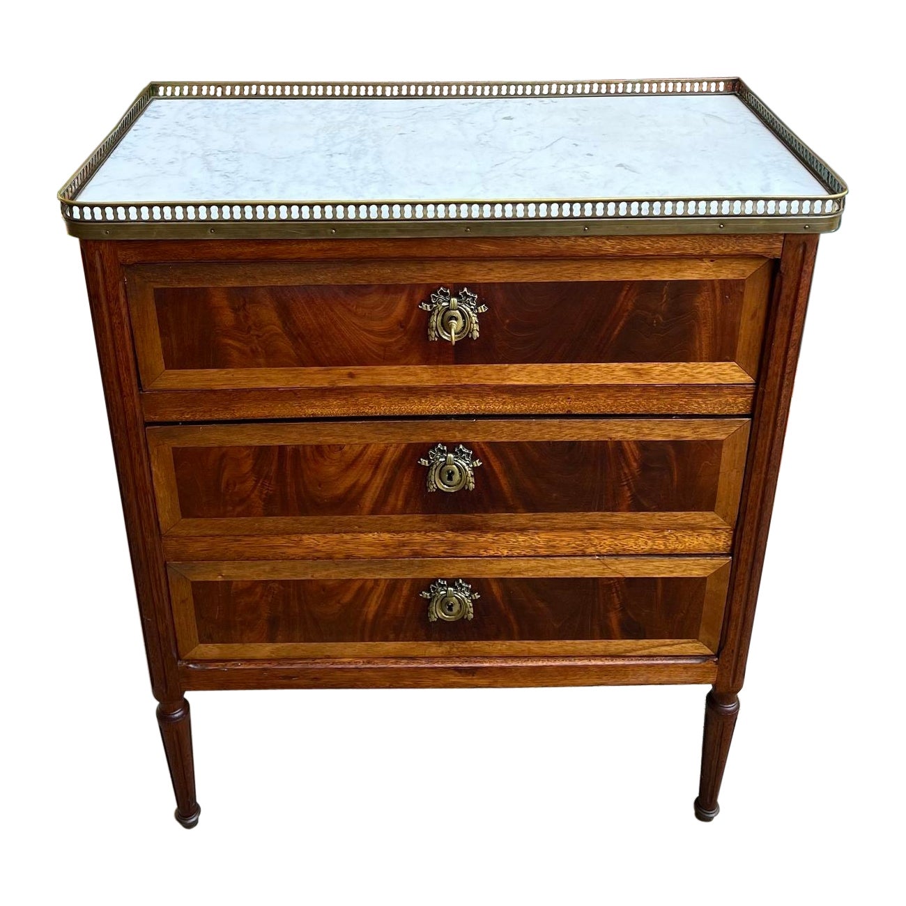 Antique French Mahogany Louis XVI Chest of Drawers WHITE Marble SMALL Side Table For Sale