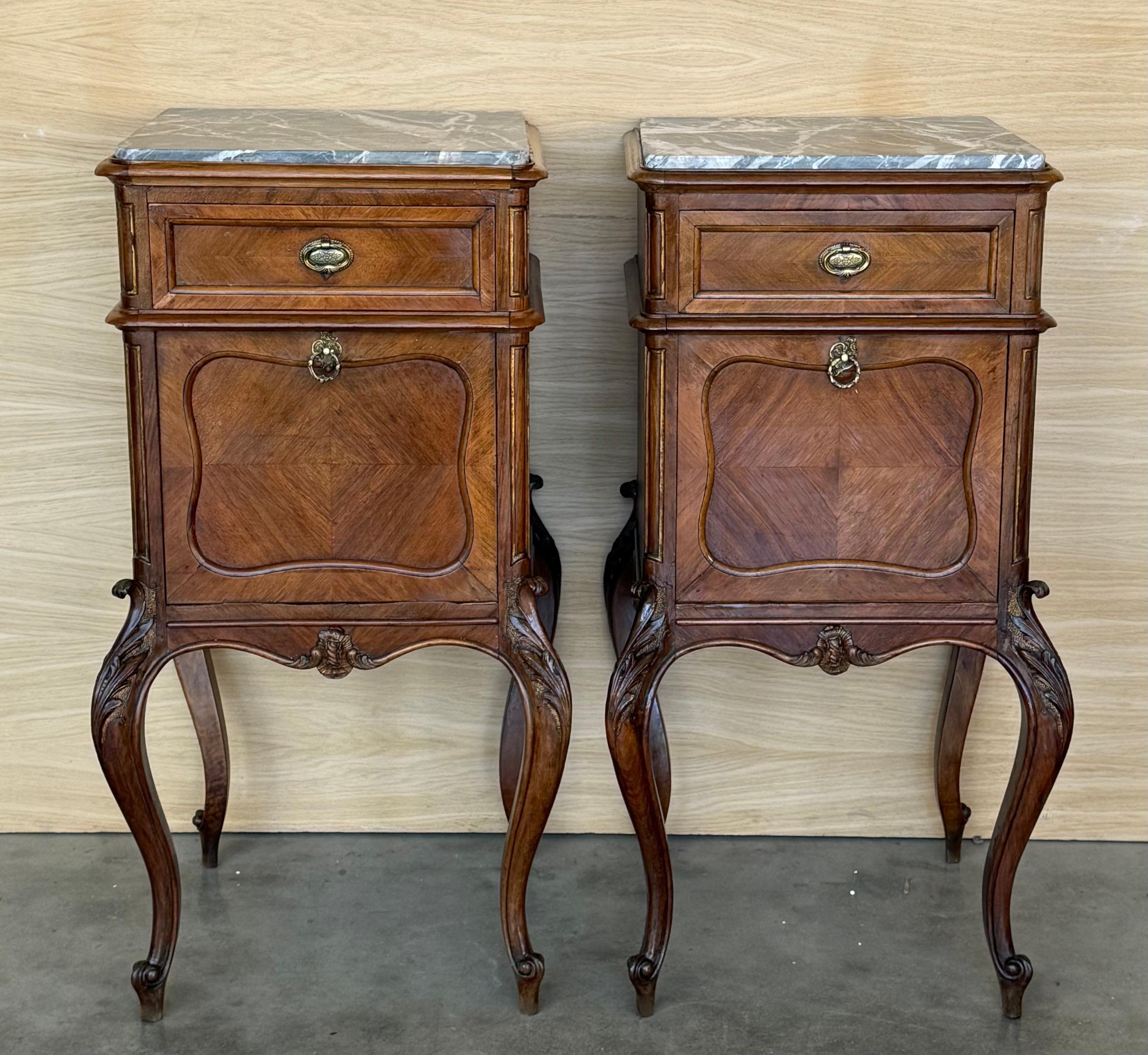 Two very nice elegant France nightstands. Grey marble tops on cabriole legs. The interior compartment was made of white marble. Bronze handles. Walnut wood.

