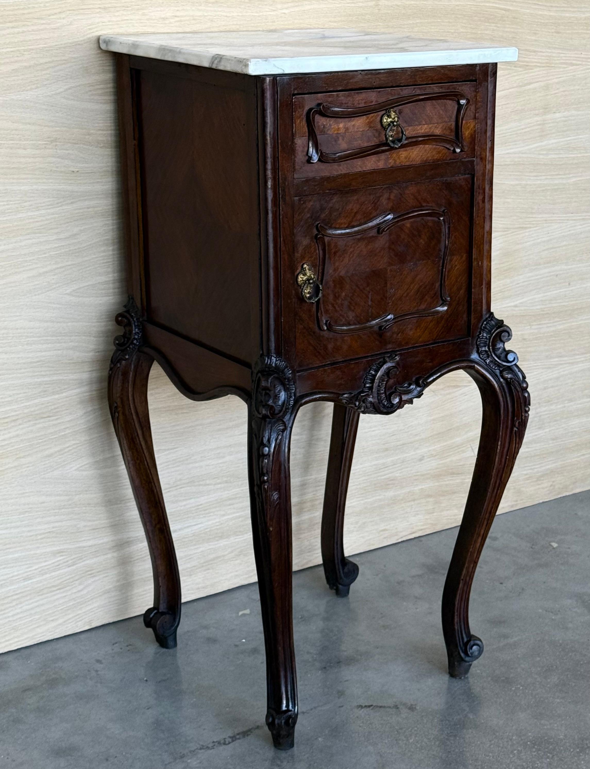 French Provincial Antique French Mahogany Night Stands  or bedside tables with marble top , 1900 For Sale