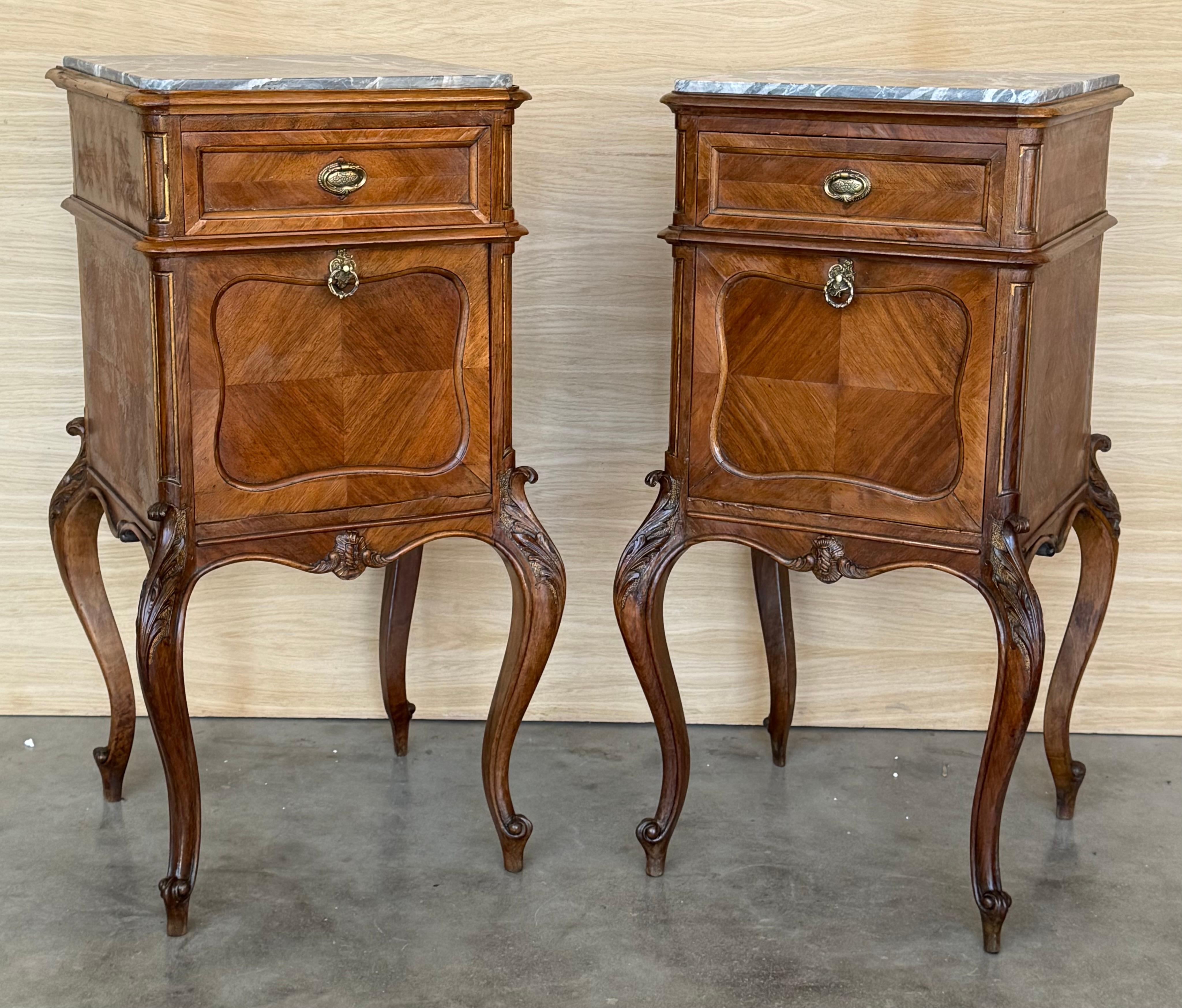 20th Century Antique French Mahogany Night Stands  or bedside tables with marble top , 1900 For Sale