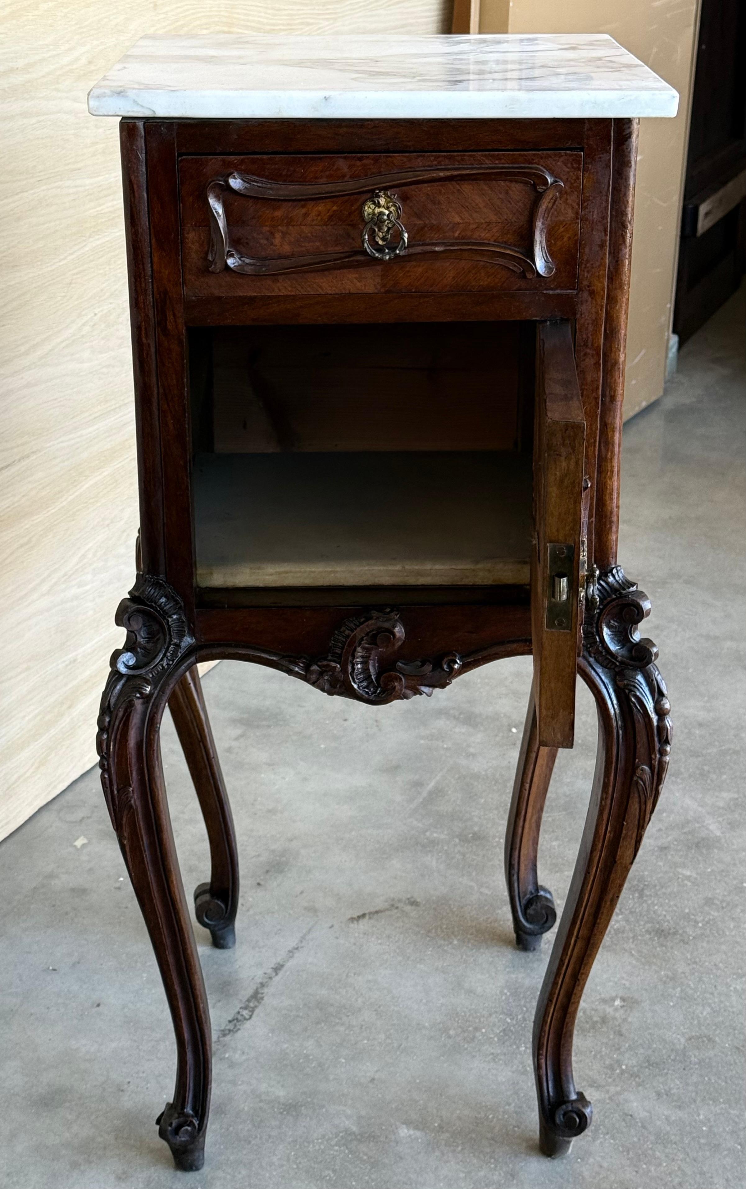 20th Century Antique French Mahogany Night Stands  or bedside tables with marble top , 1900 For Sale