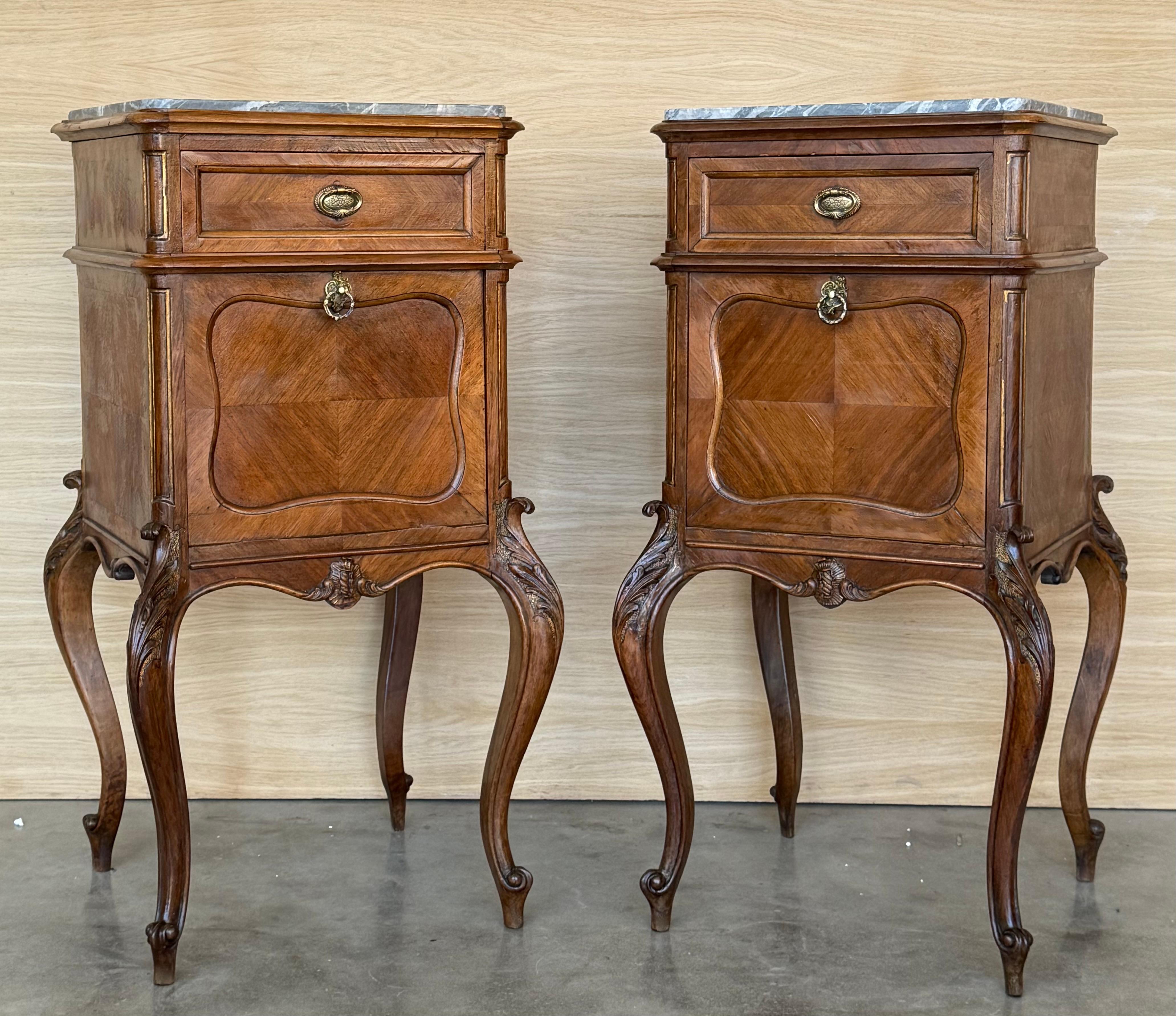 Walnut Antique French Mahogany Night Stands  or bedside tables with marble top , 1900 For Sale