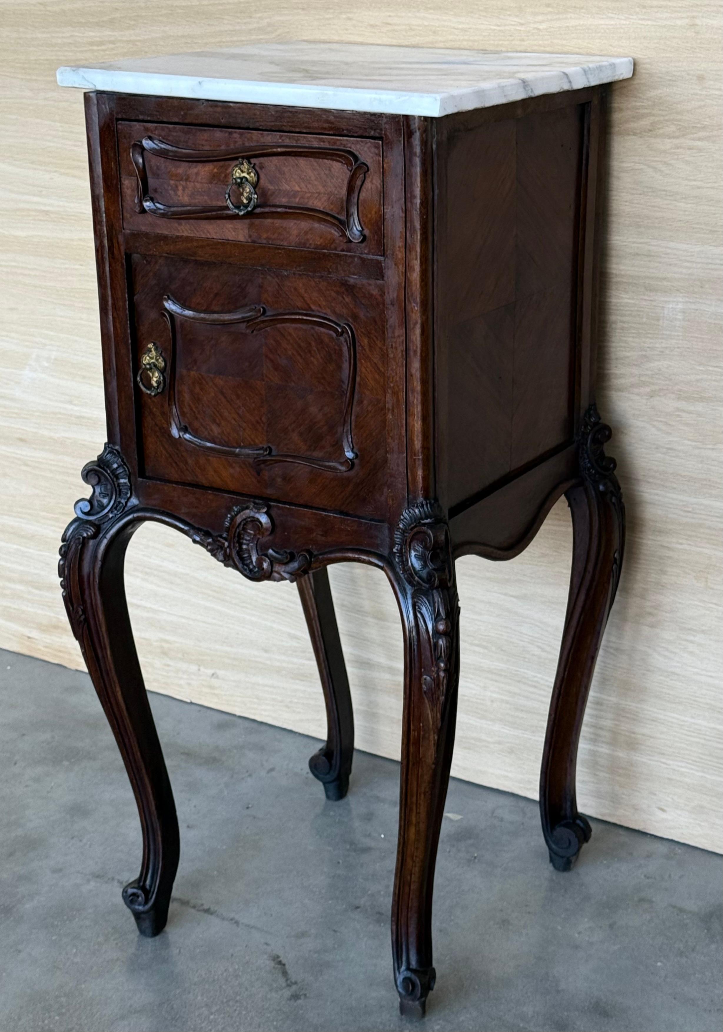 Walnut Antique French Mahogany Night Stands  or bedside tables with marble top , 1900 For Sale