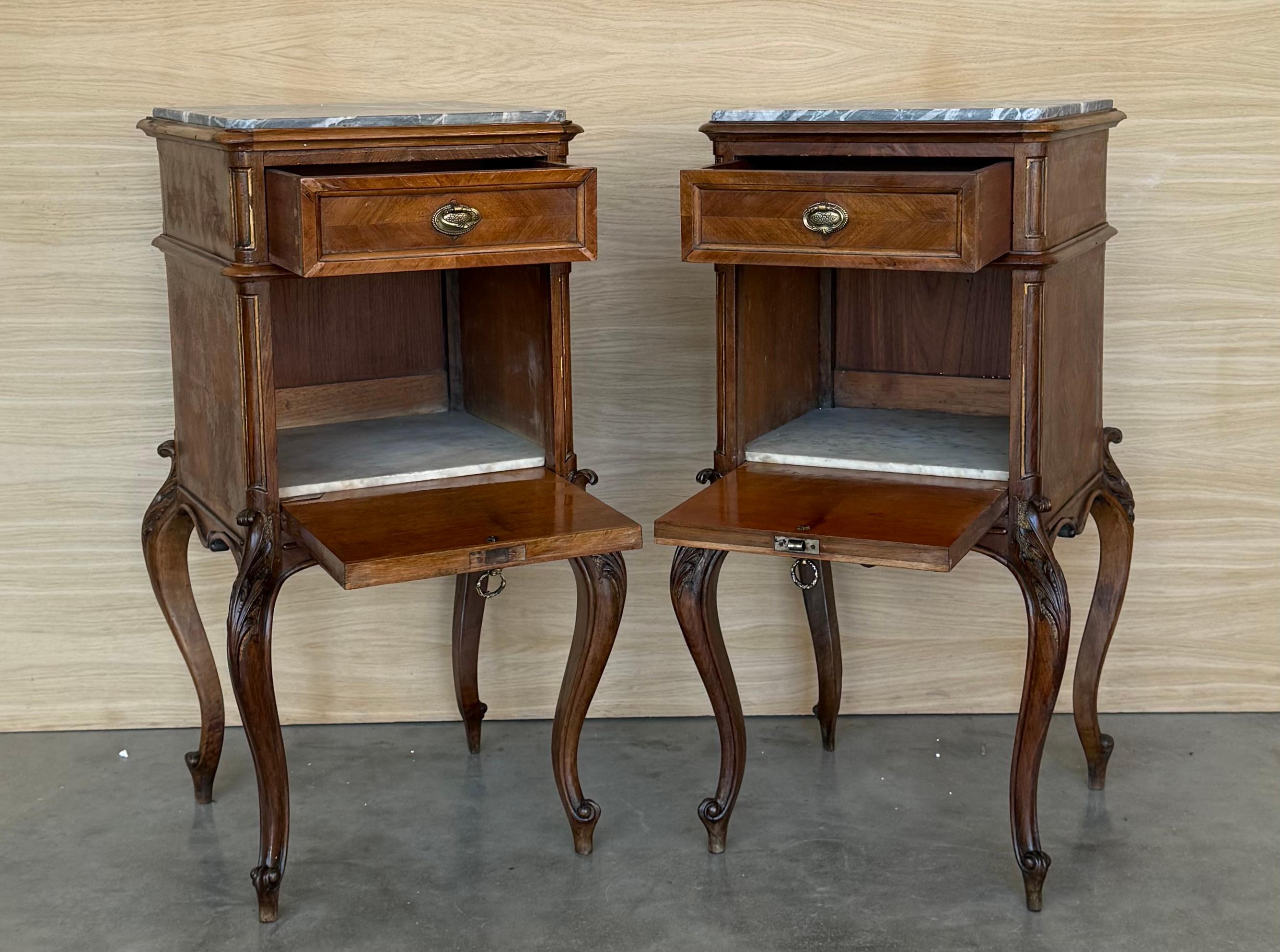 Antique French Mahogany Night Stands  or bedside tables with marble top , 1900 For Sale 1