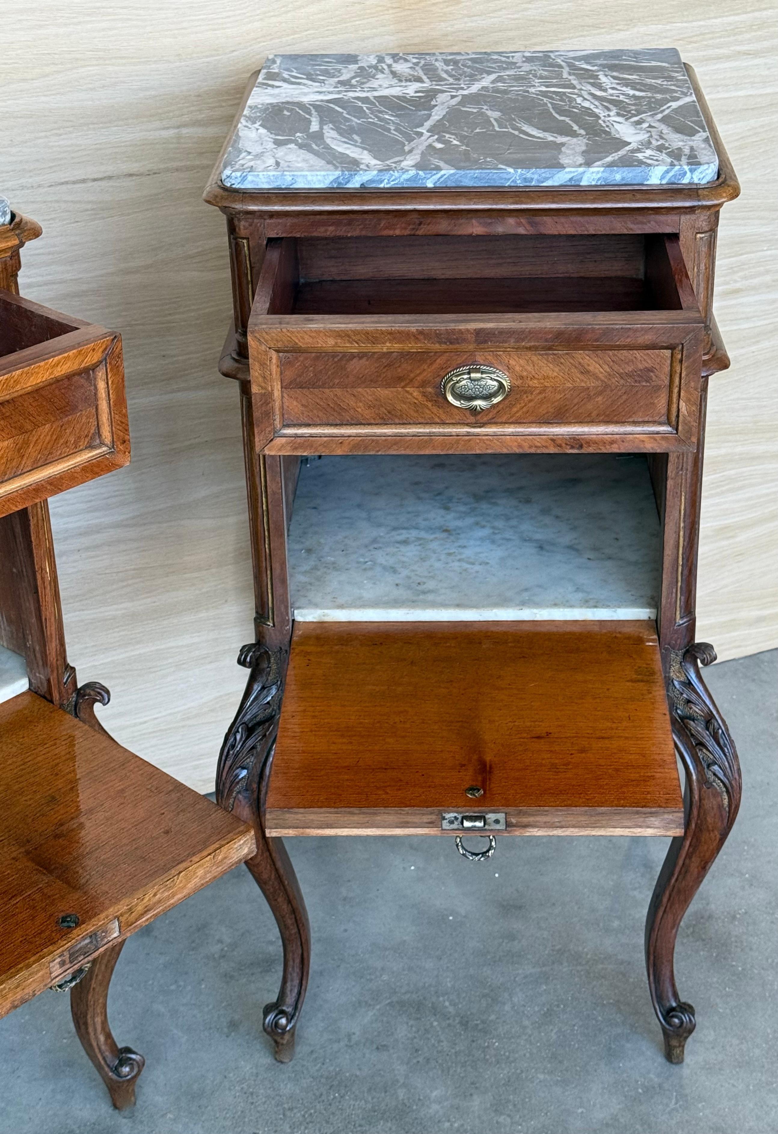 Antique French Mahogany Night Stands  or bedside tables with marble top , 1900 For Sale 3