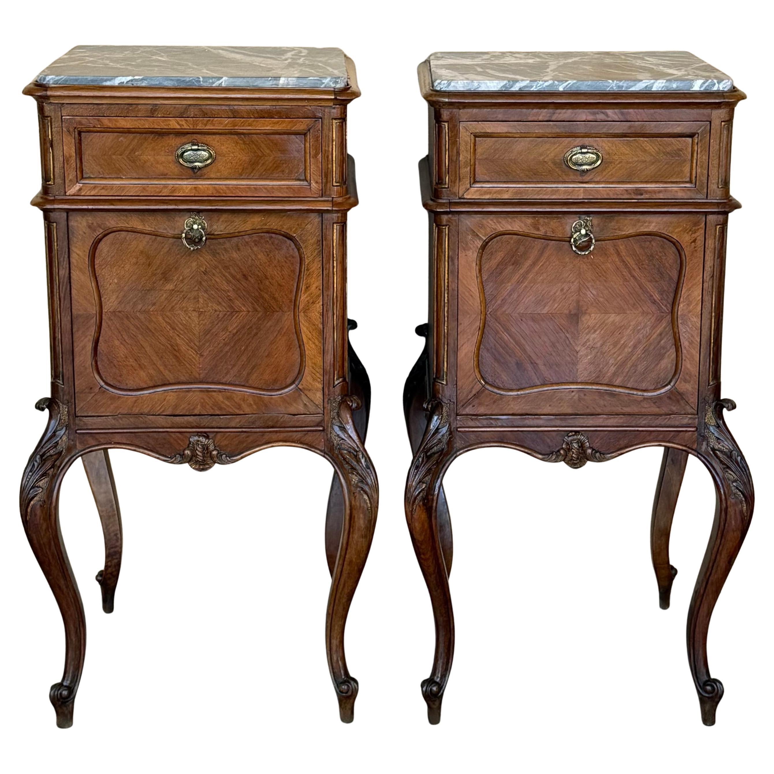 Antique French Mahogany Night Stands  or bedside tables with marble top , 1900