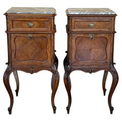 Antique French Mahogany Night Stands  or bedside tables with marble top , 1900