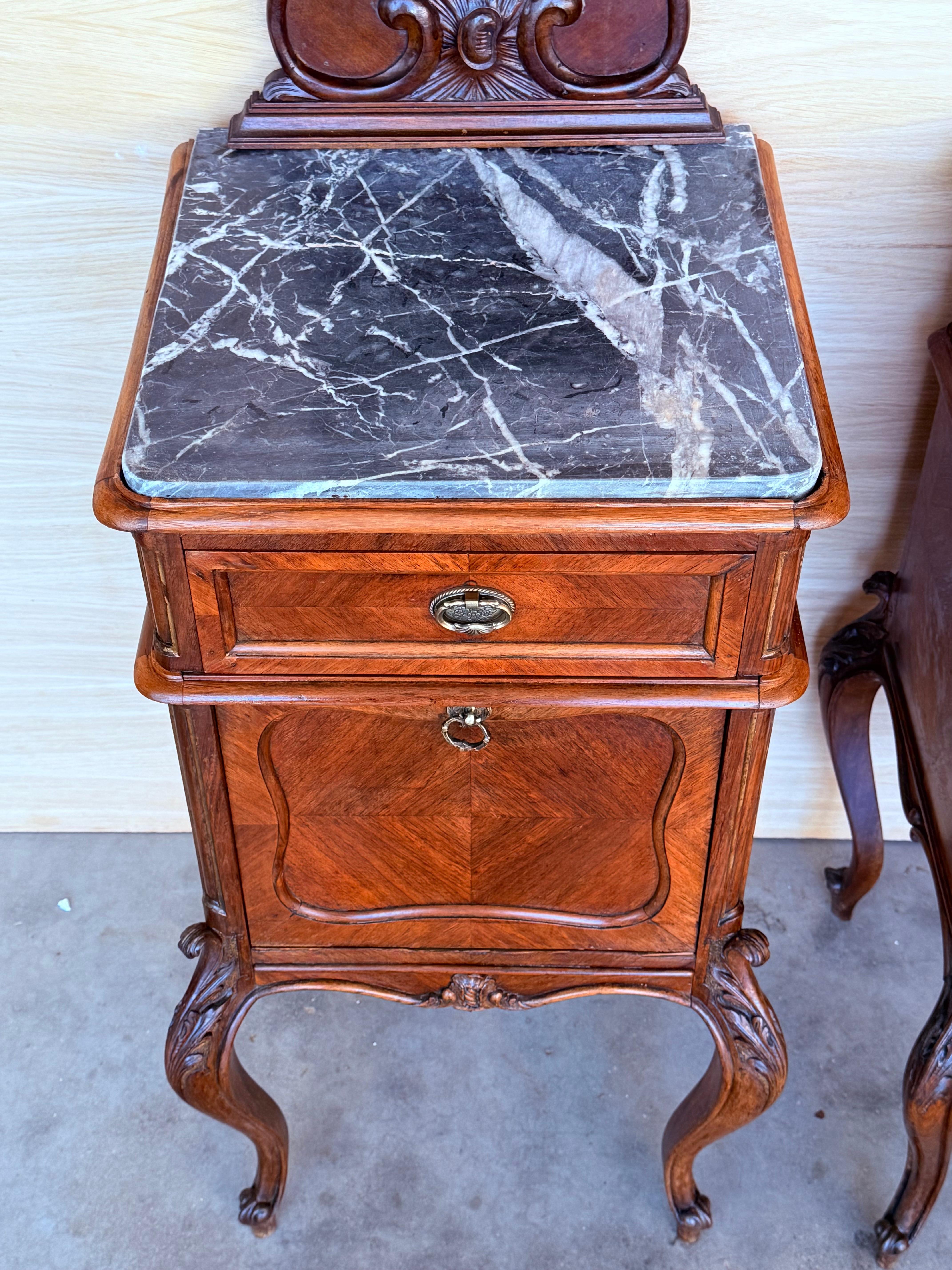 Antique French Mahogany Night Stands with marble top and crest, 1900 For Sale 4