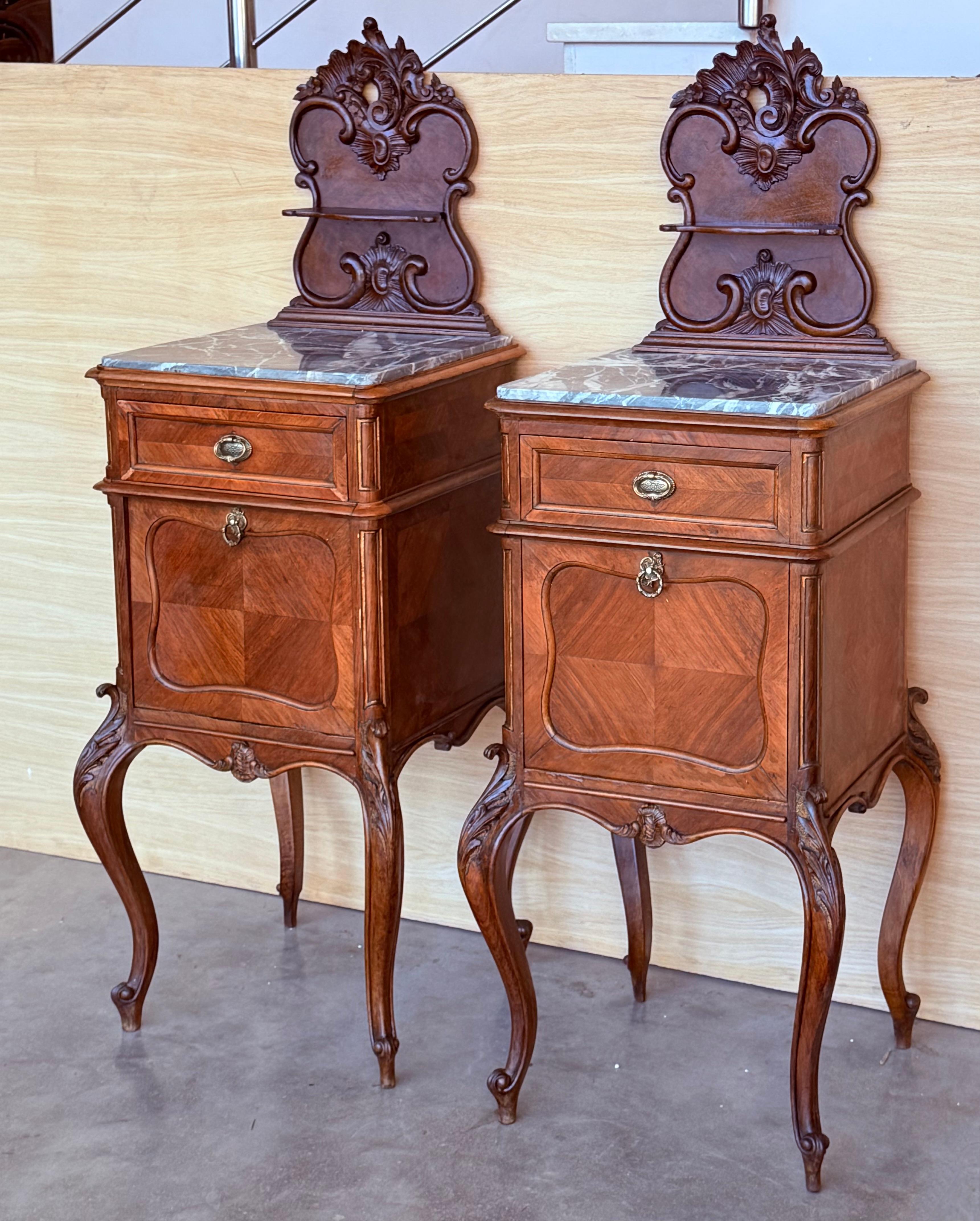 French Provincial Antique French Mahogany Night Stands with marble top and crest, 1900 For Sale