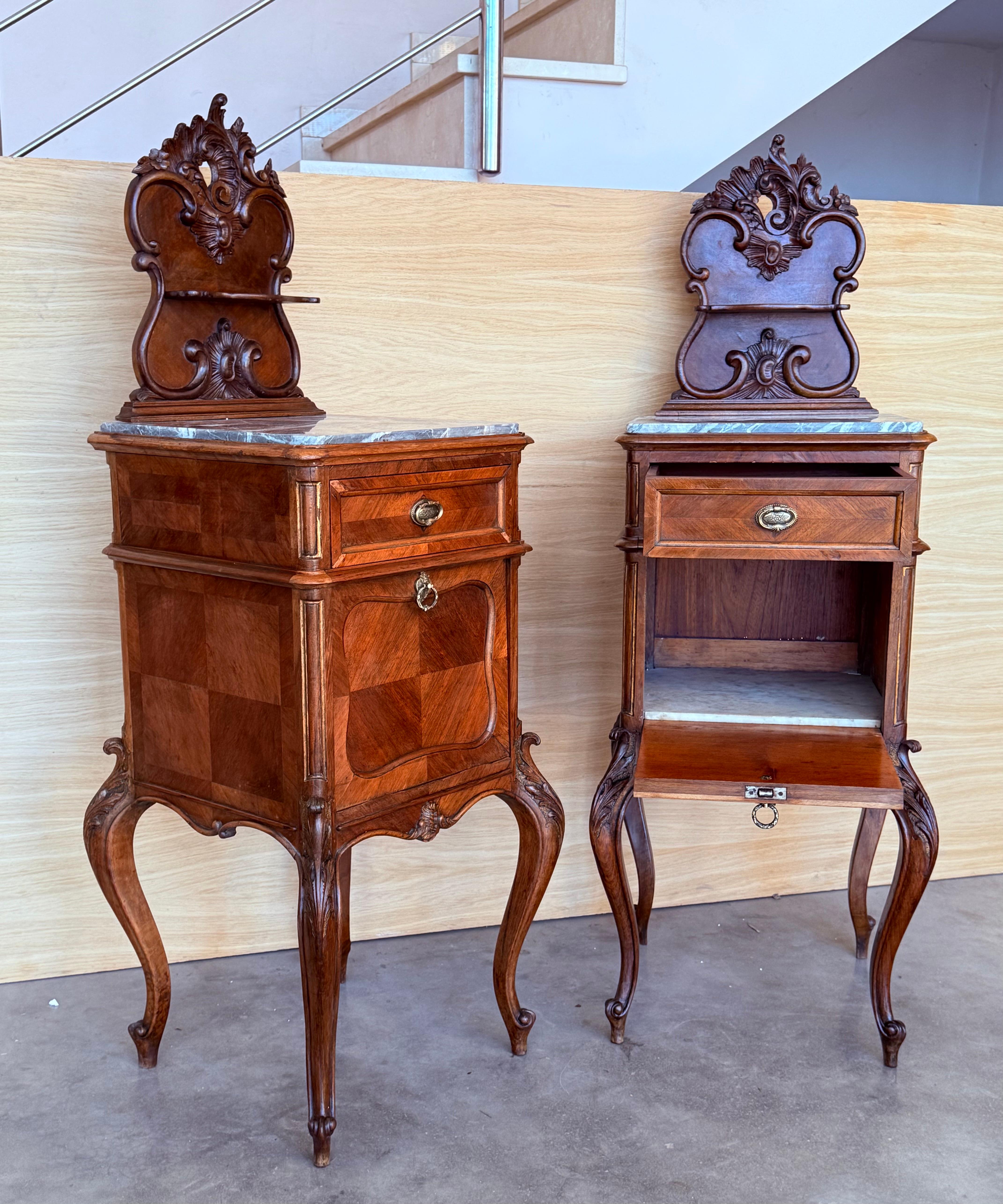 20th Century Antique French Mahogany Night Stands with marble top and crest, 1900 For Sale