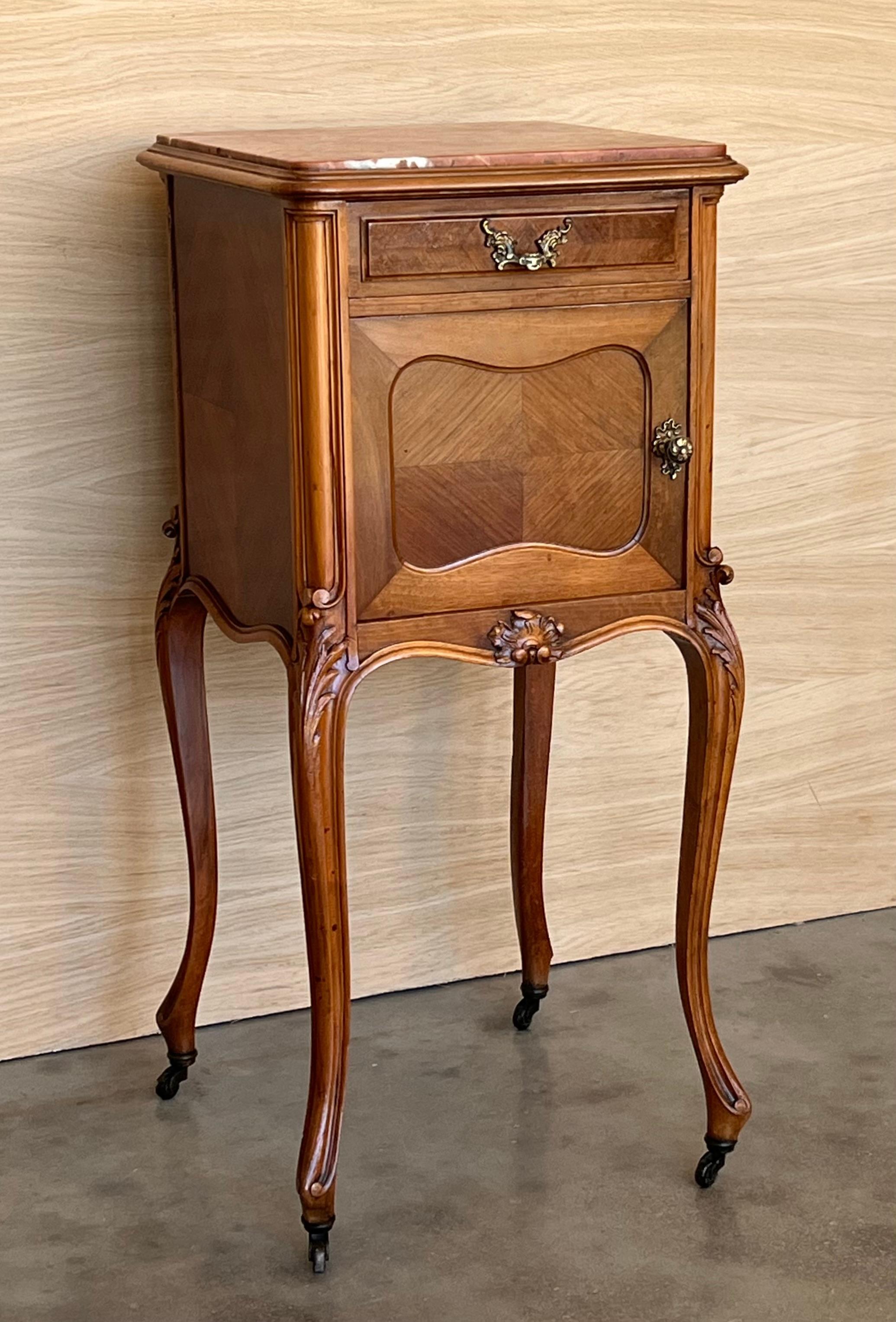 French Provincial Antique French Mahogany Night Stands with marble top and wheels, 1900 For Sale