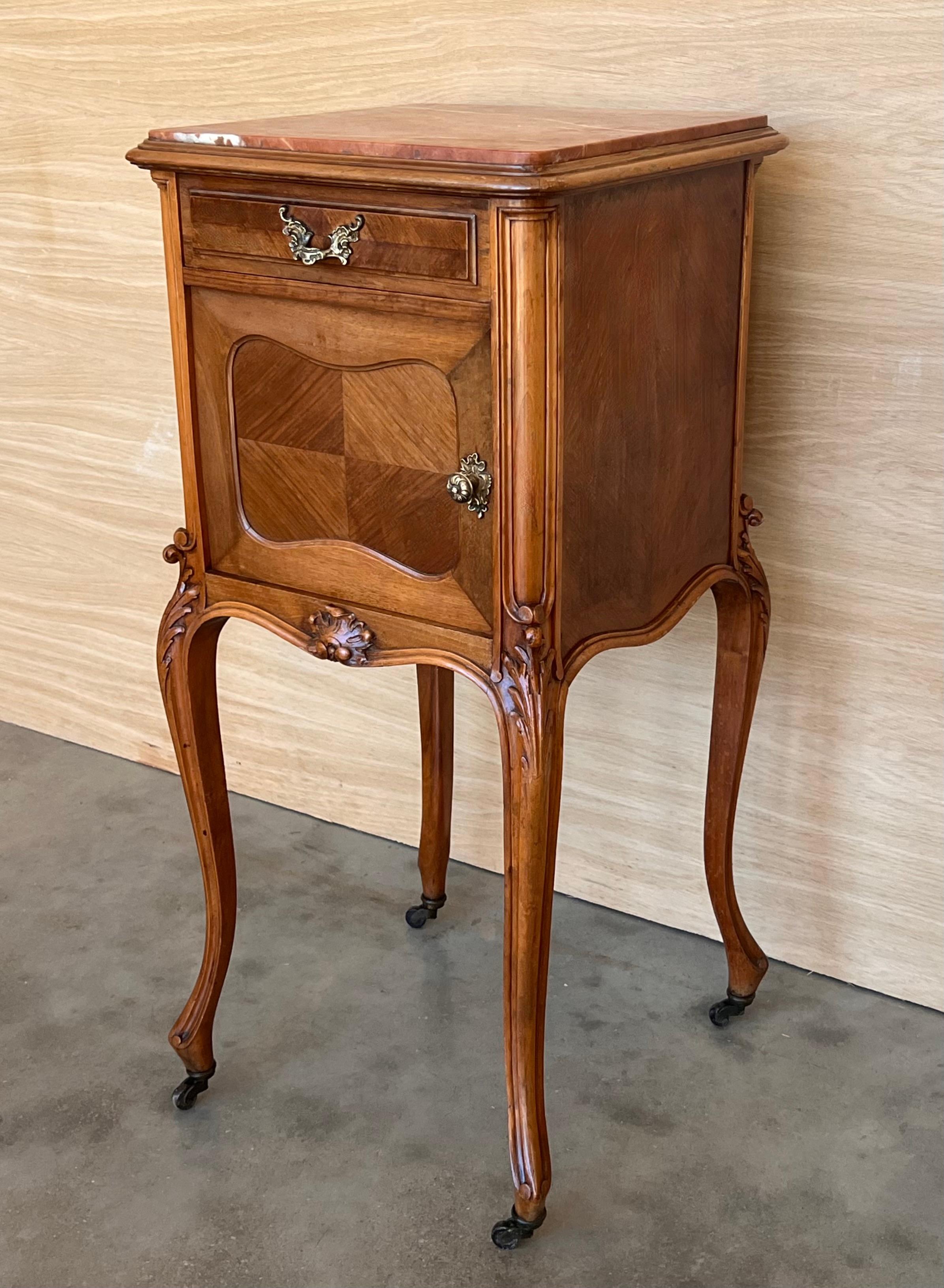 Antique French Mahogany Night Stands with marble top and wheels, 1900 In Good Condition For Sale In Miami, FL