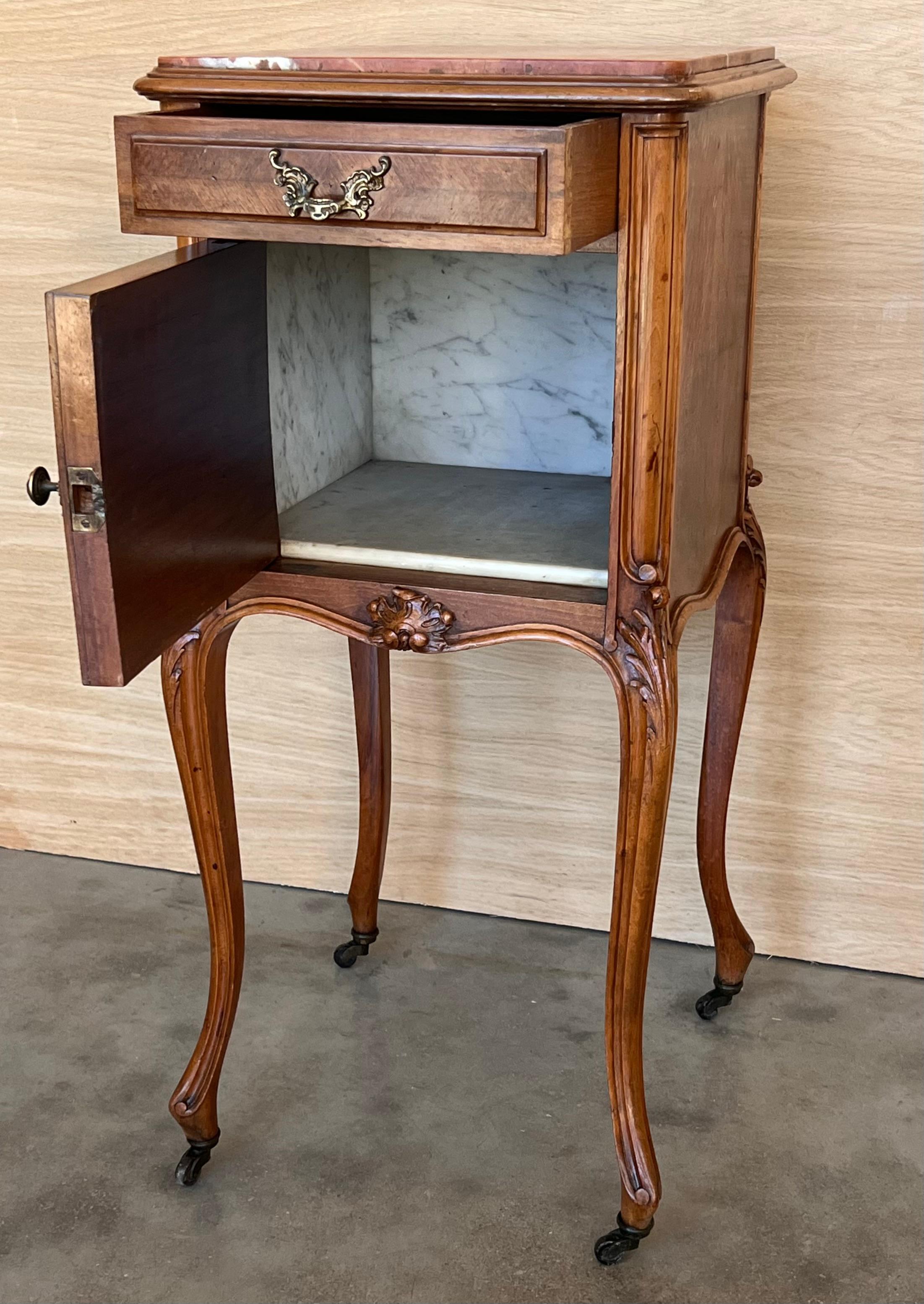 20th Century Antique French Mahogany Night Stands with marble top and wheels, 1900 For Sale