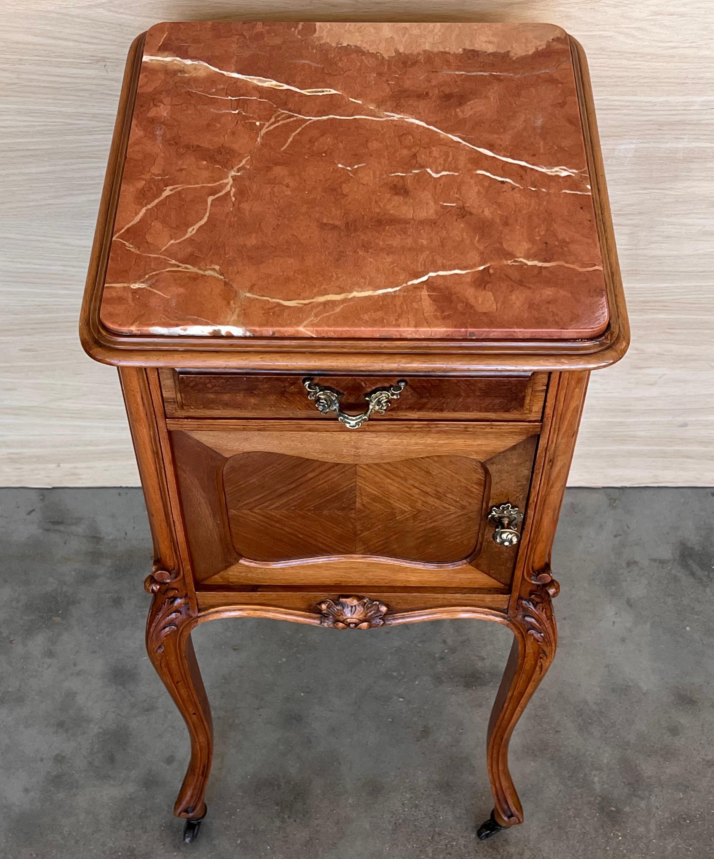 Bronze Antique French Mahogany Night Stands with marble top and wheels, 1900 For Sale
