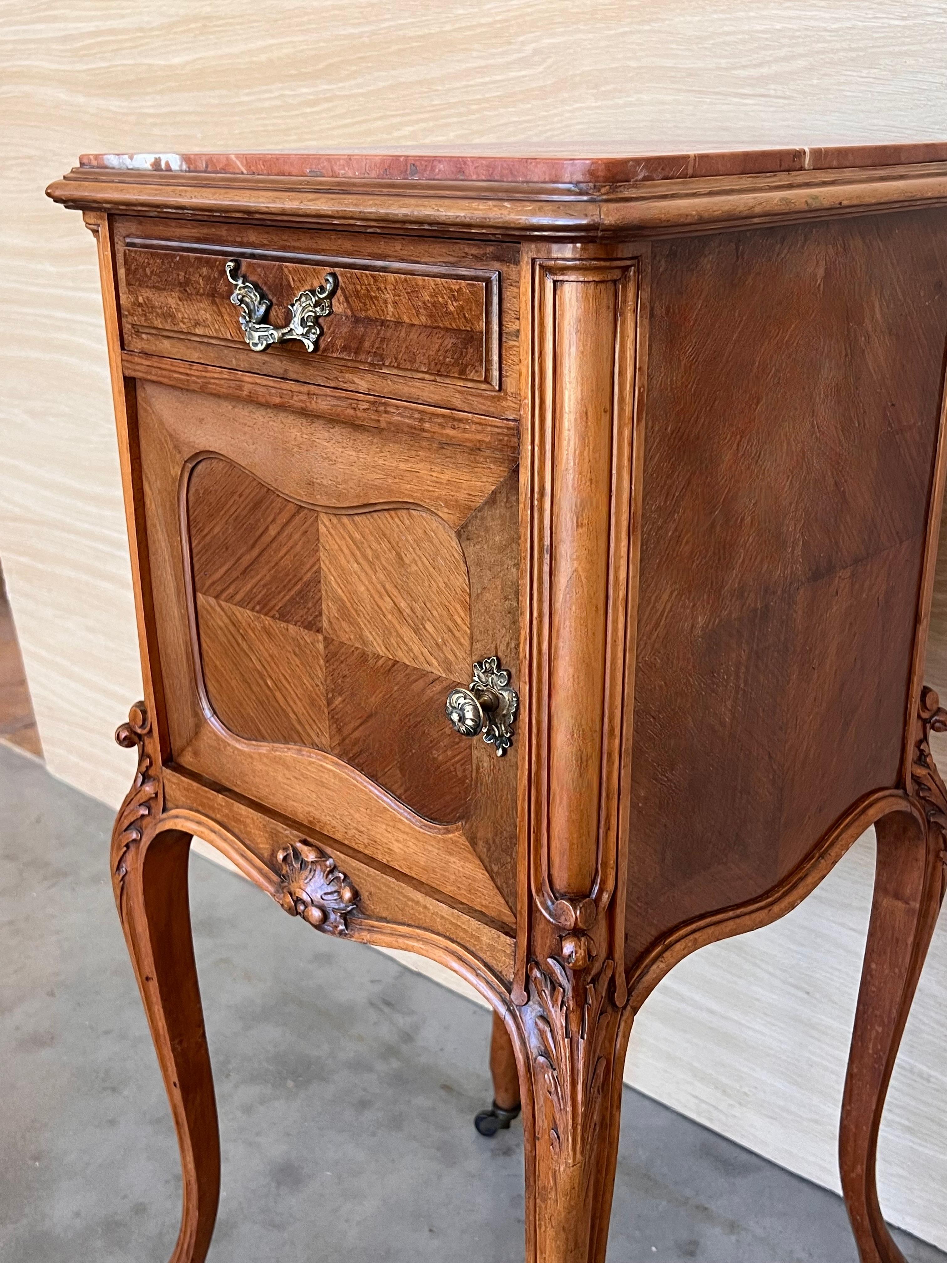 Antique French Mahogany Night Stands with marble top and wheels, 1900 For Sale 1