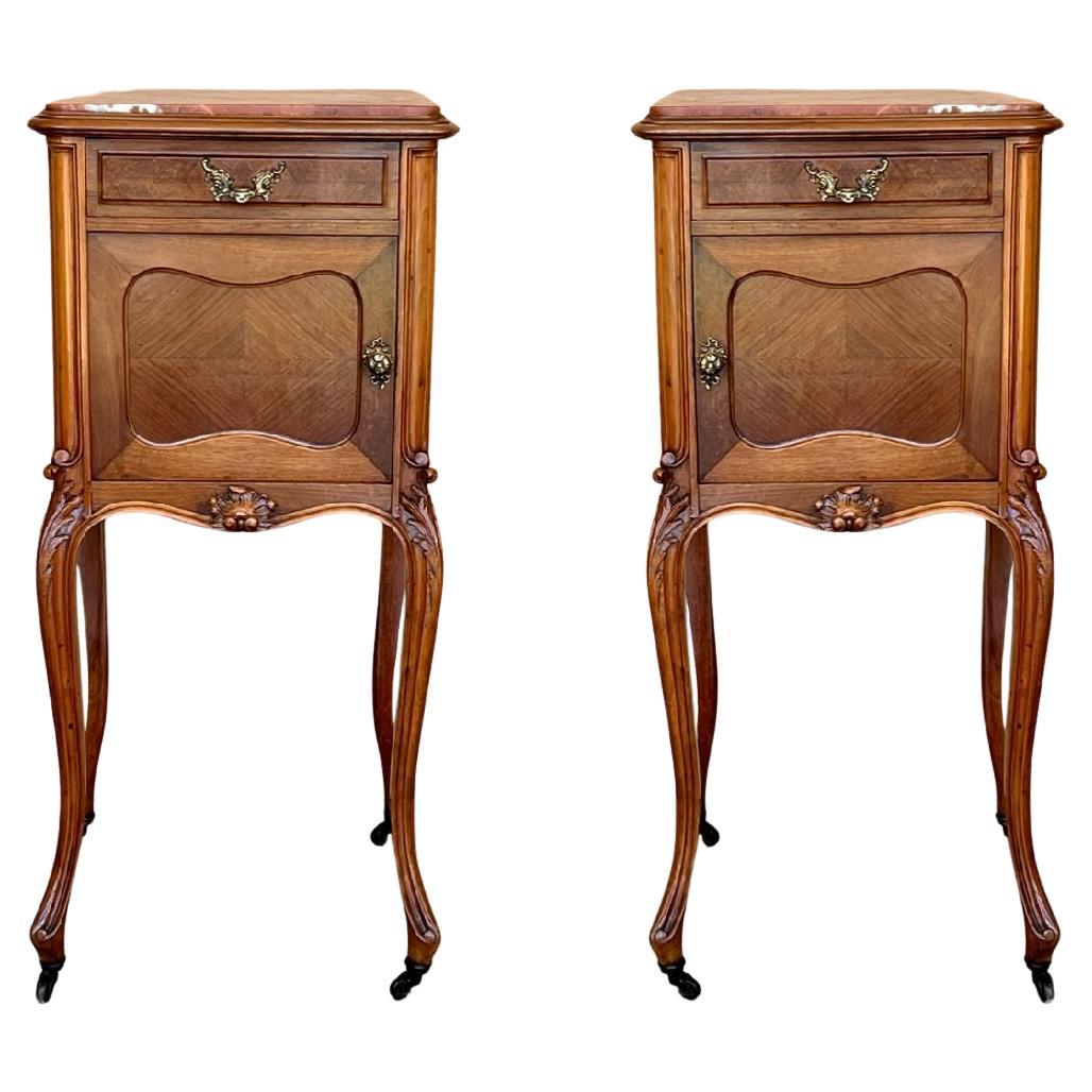Antique French Mahogany Night Stands with marble top and wheels, 1900