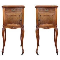 Antique French Mahogany Night Stands with marble top and wheels, 1900