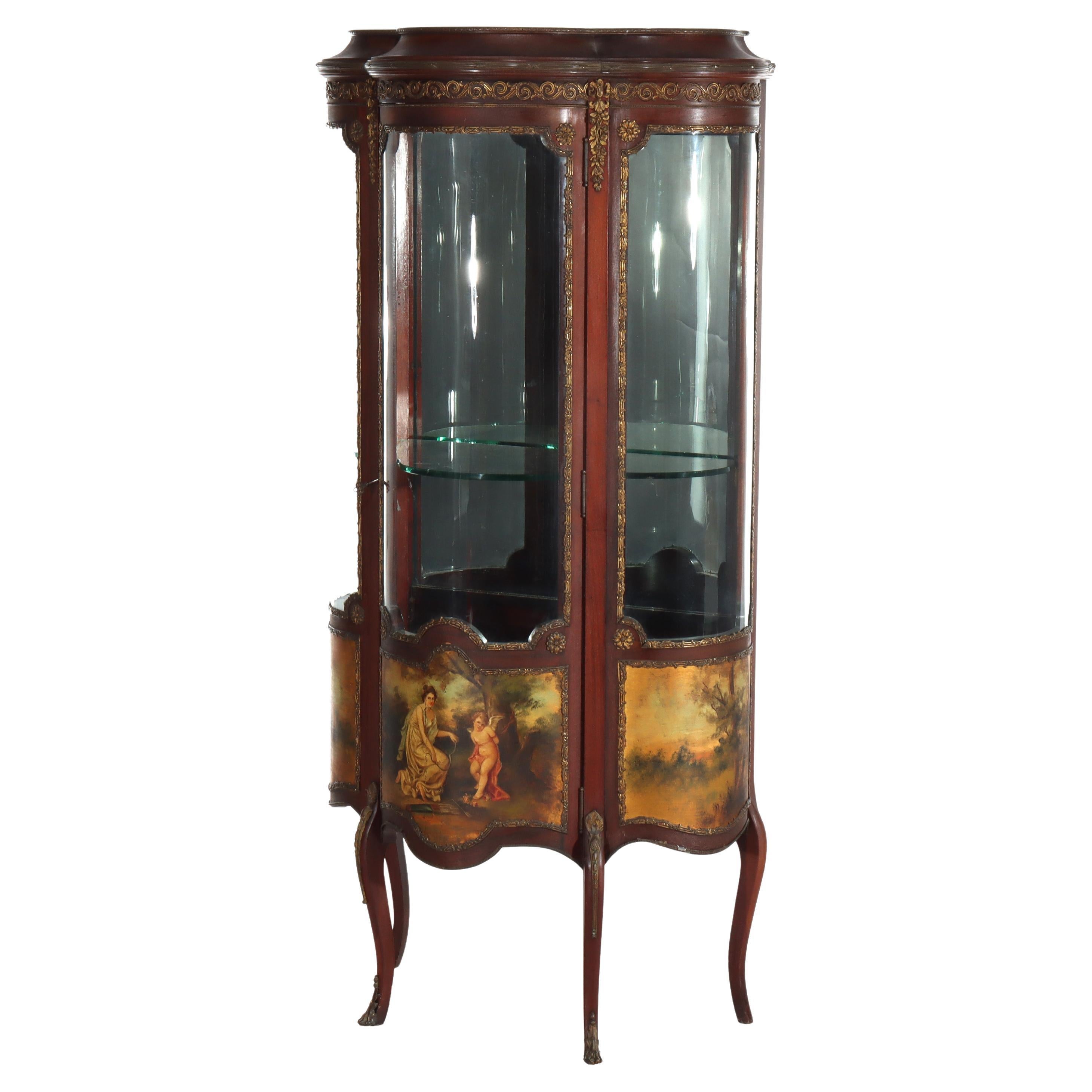 Antique French Mahogany 
Ormolu Vitrine With Vernis Martin Panels c1890