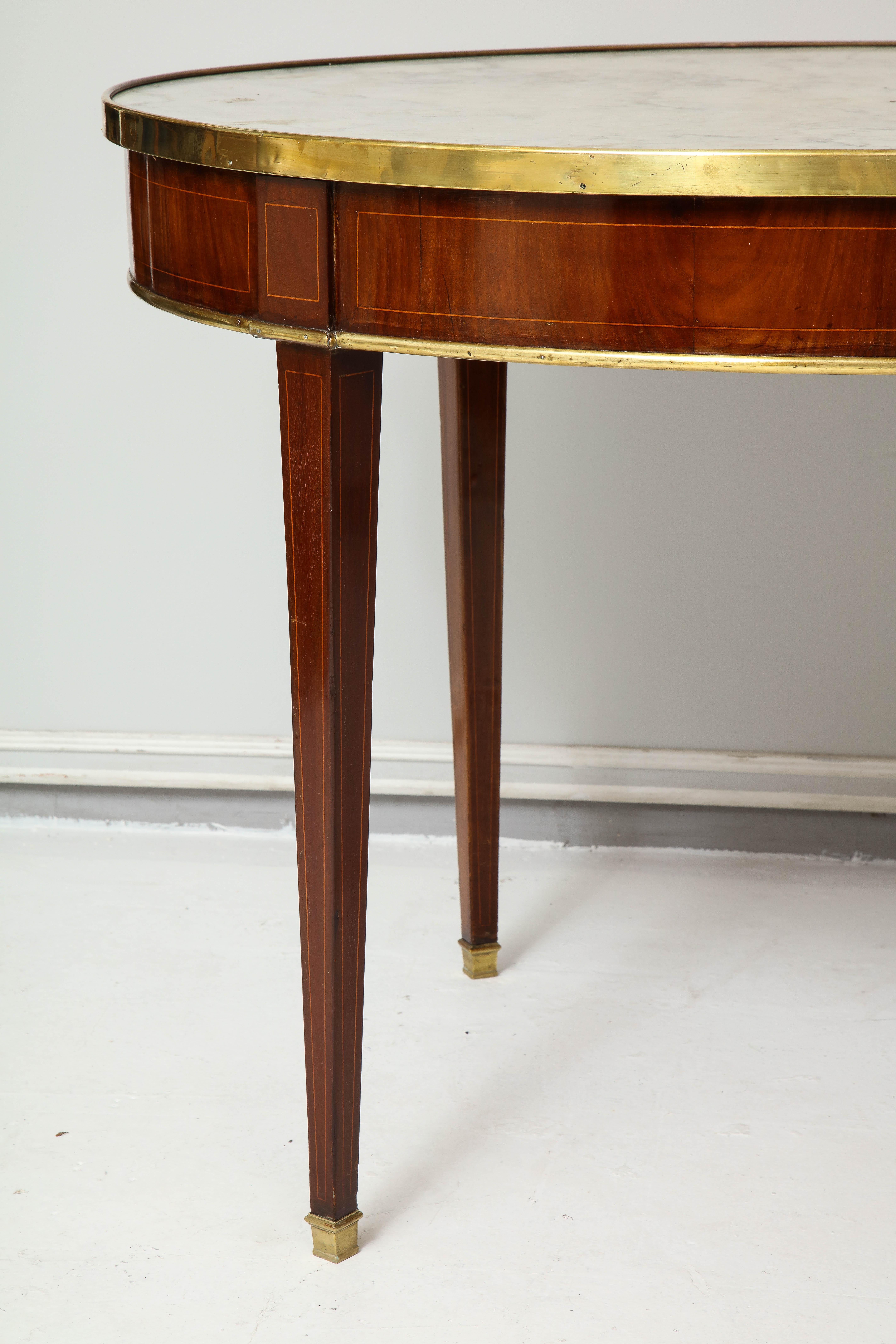 19th Century Antique French Mahogany Oval Marble-Top Bouillote Table on Tapered Legs For Sale