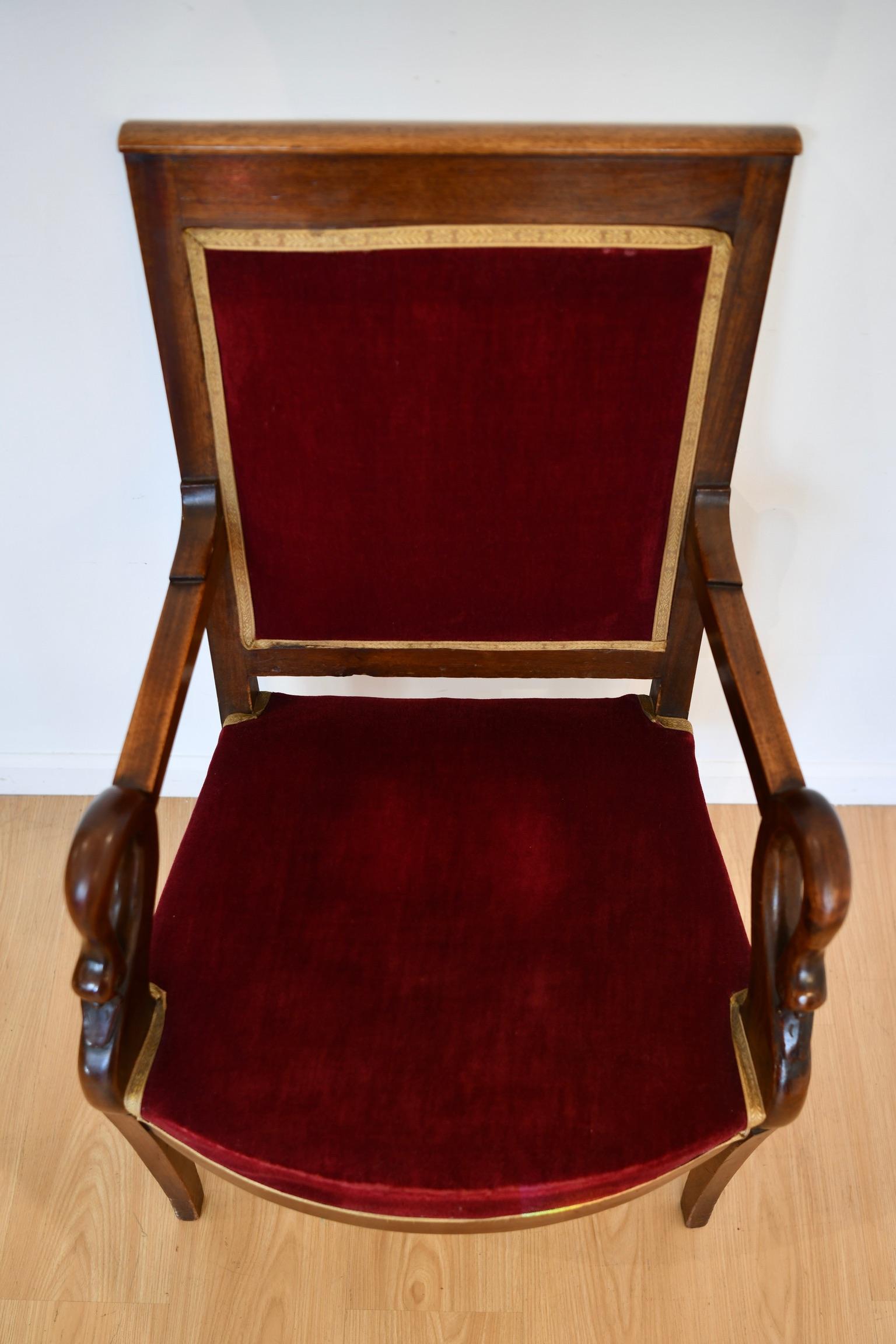 Mid-20th Century Antique French Mahogany Swan Decorated Armchair For Sale