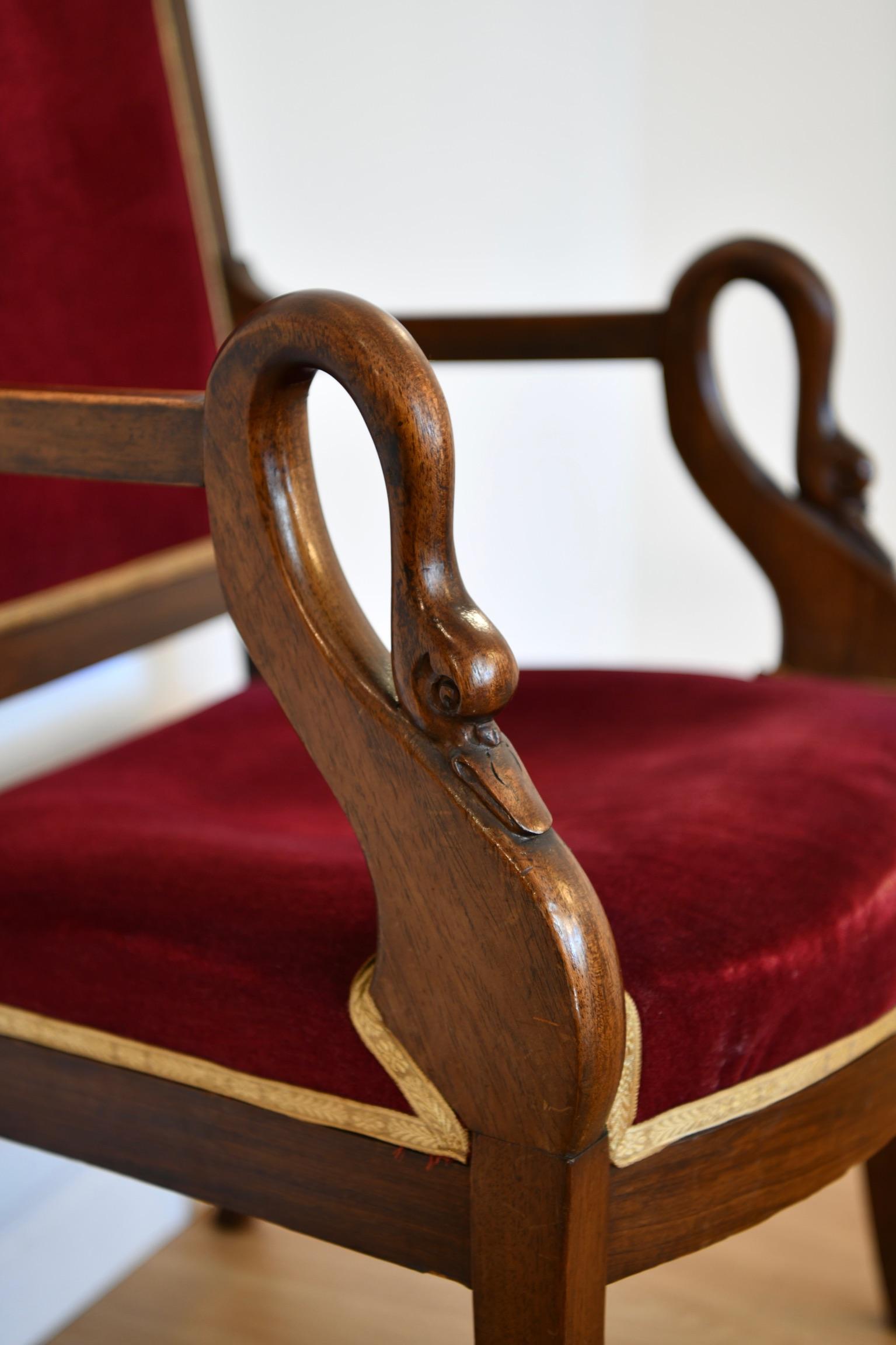 Mid-20th Century Antique French Mahogany Swan Decorated Armchair For Sale
