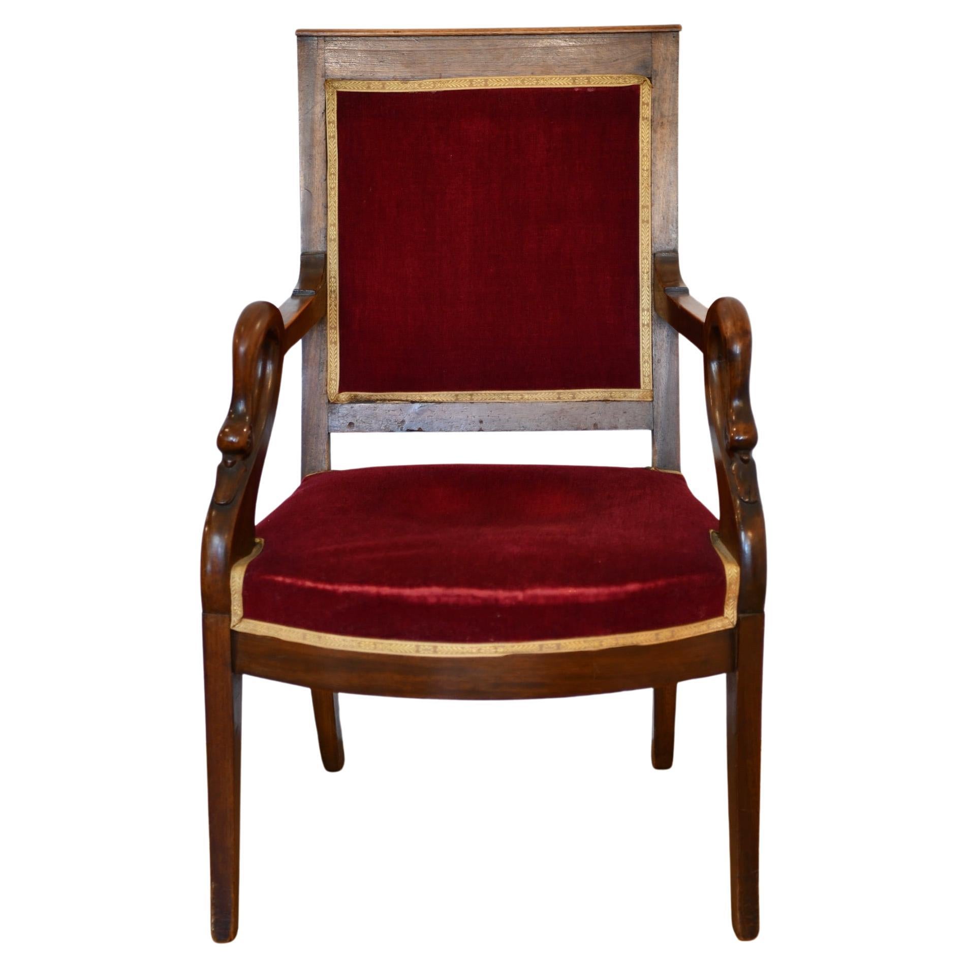 Antique French Mahogany Swan Decorated Armchair For Sale