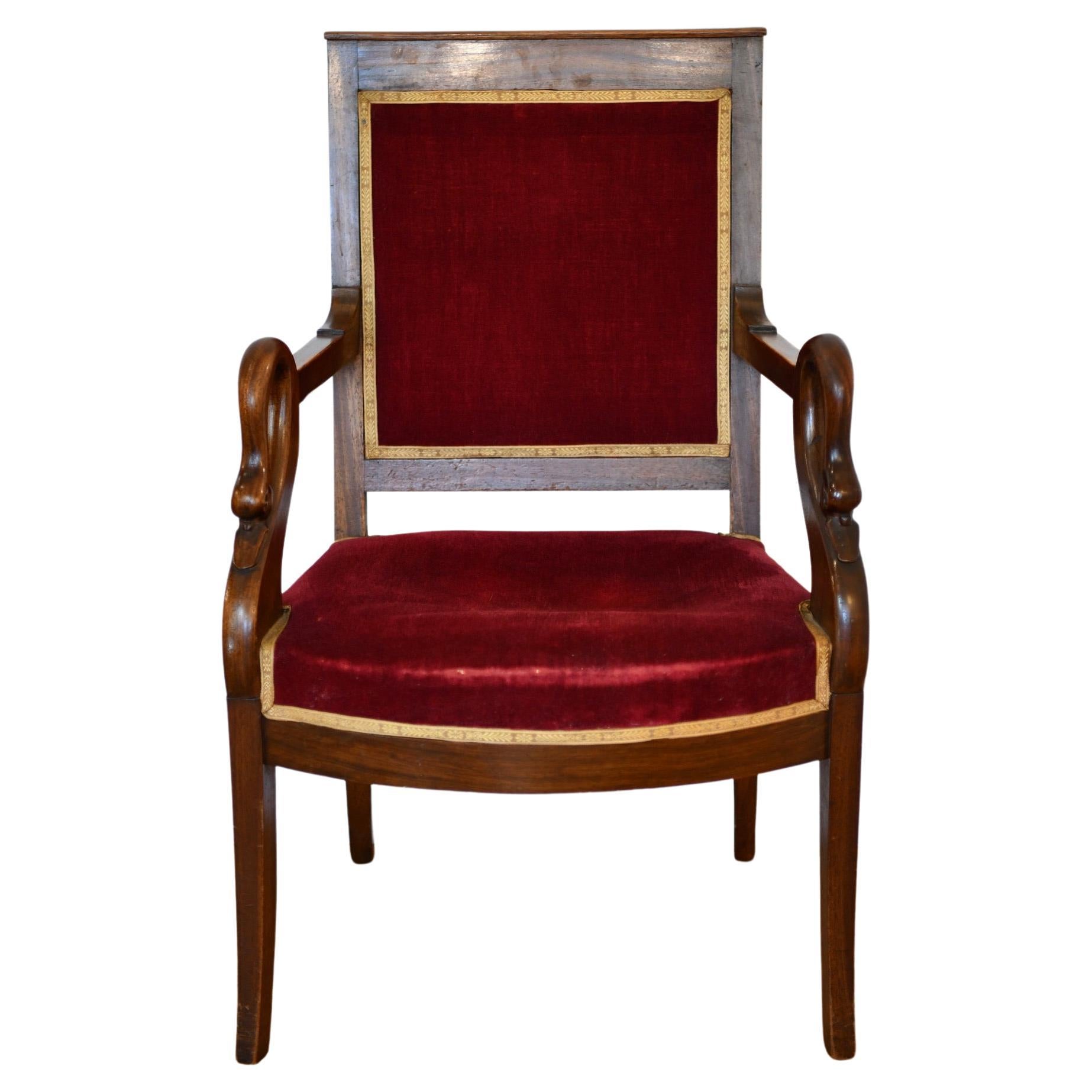 Antique French Mahogany Swan Decorated Armchair For Sale