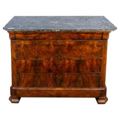 Antique French Mahogany Veneer Burled Wood Commode with Belgian Black Marble Top