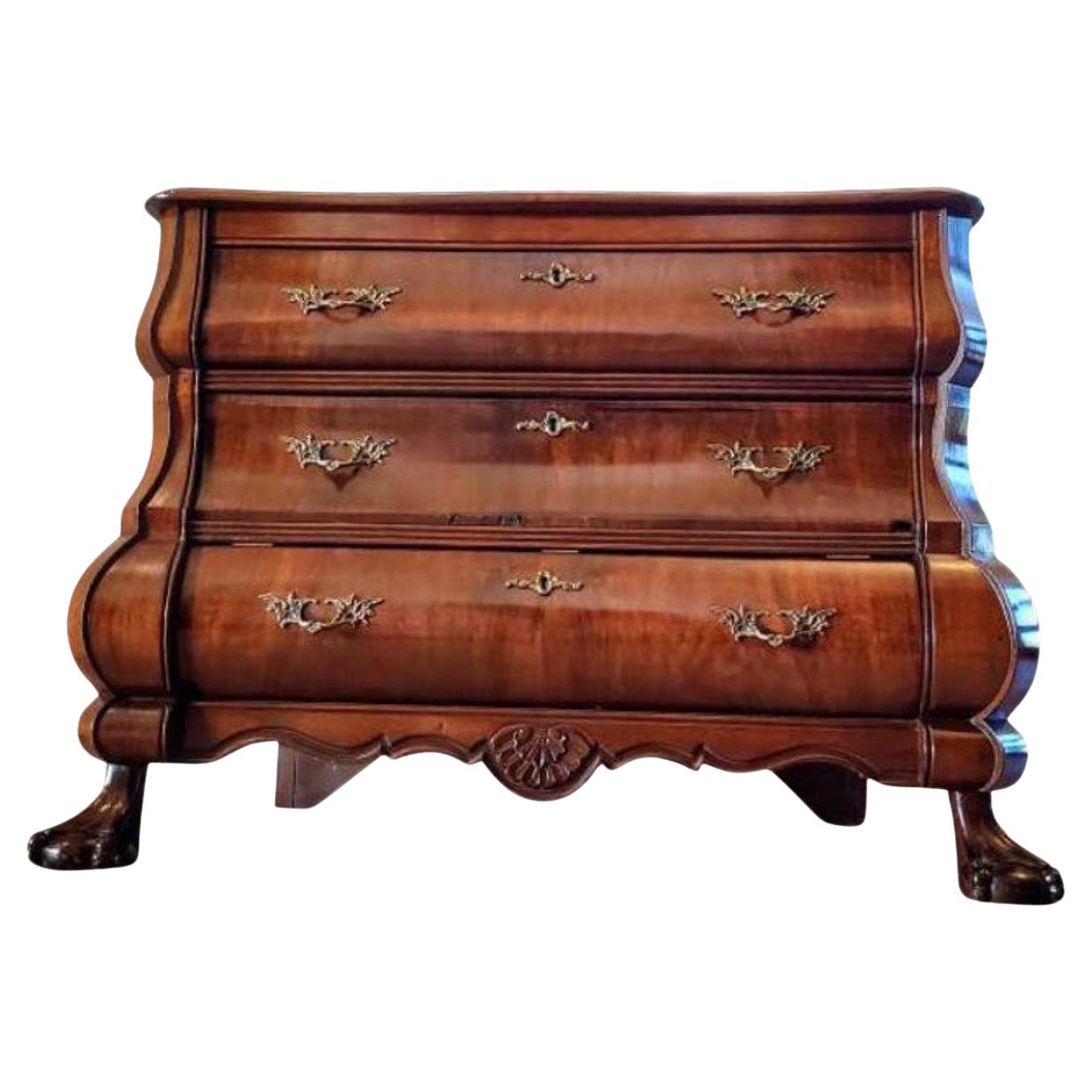 Antique Dutch Baroque Mahogany Burled Walnut Bombe Chest Of Drawers  For Sale