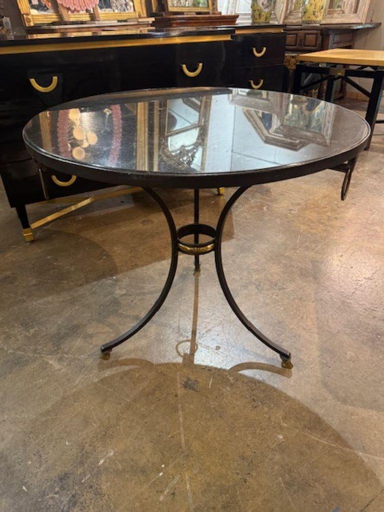 Français Antique French Maison Jansen Style Steel and Brass Table with Black Marble en vente