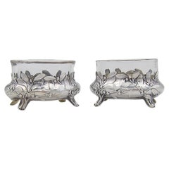 Antique French Maison Murat 950 Silver Mistletoe Salt Cellars with Glass Liners