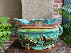 Antiquité Française Majolique Barbotine Jardinière Hunt Dog Onnaing Cache Pot Planter