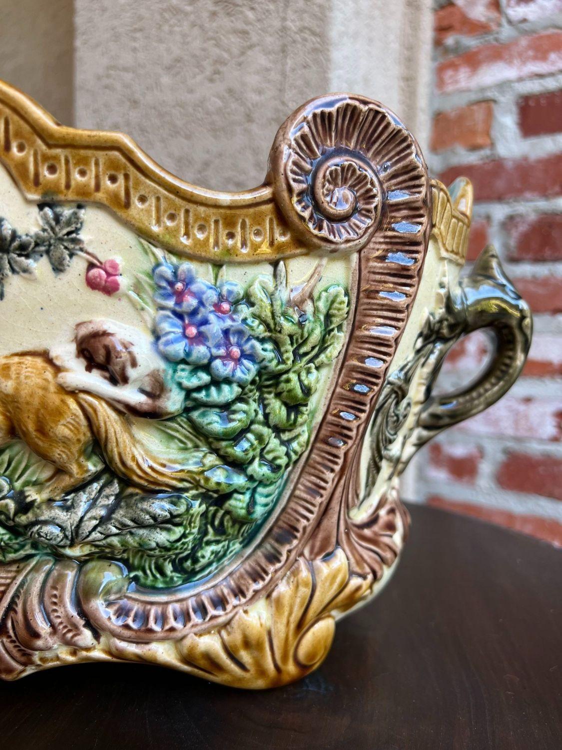 Antique French Majolica Cache Pot Jardinière Dog Fox Hunt Forest Scene Planter 10