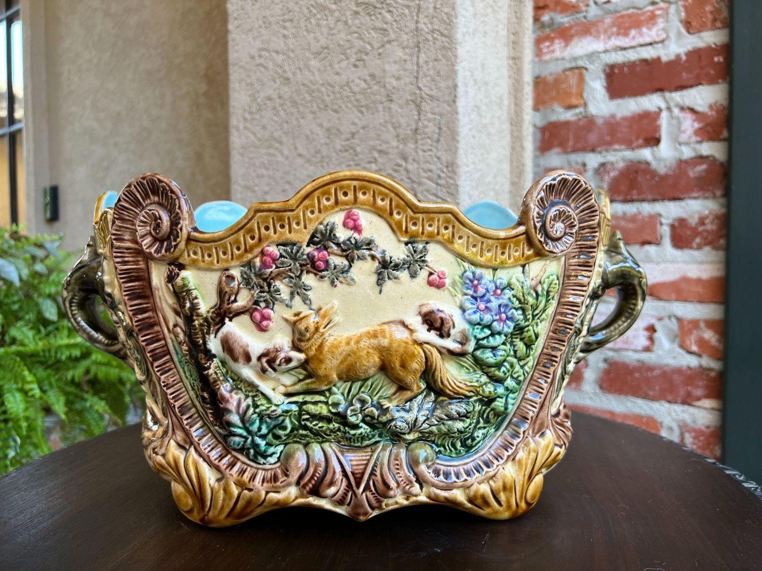 French Provincial Antique French Majolica Cache Pot Jardinière Dog Fox Hunt Forest Scene Planter For Sale