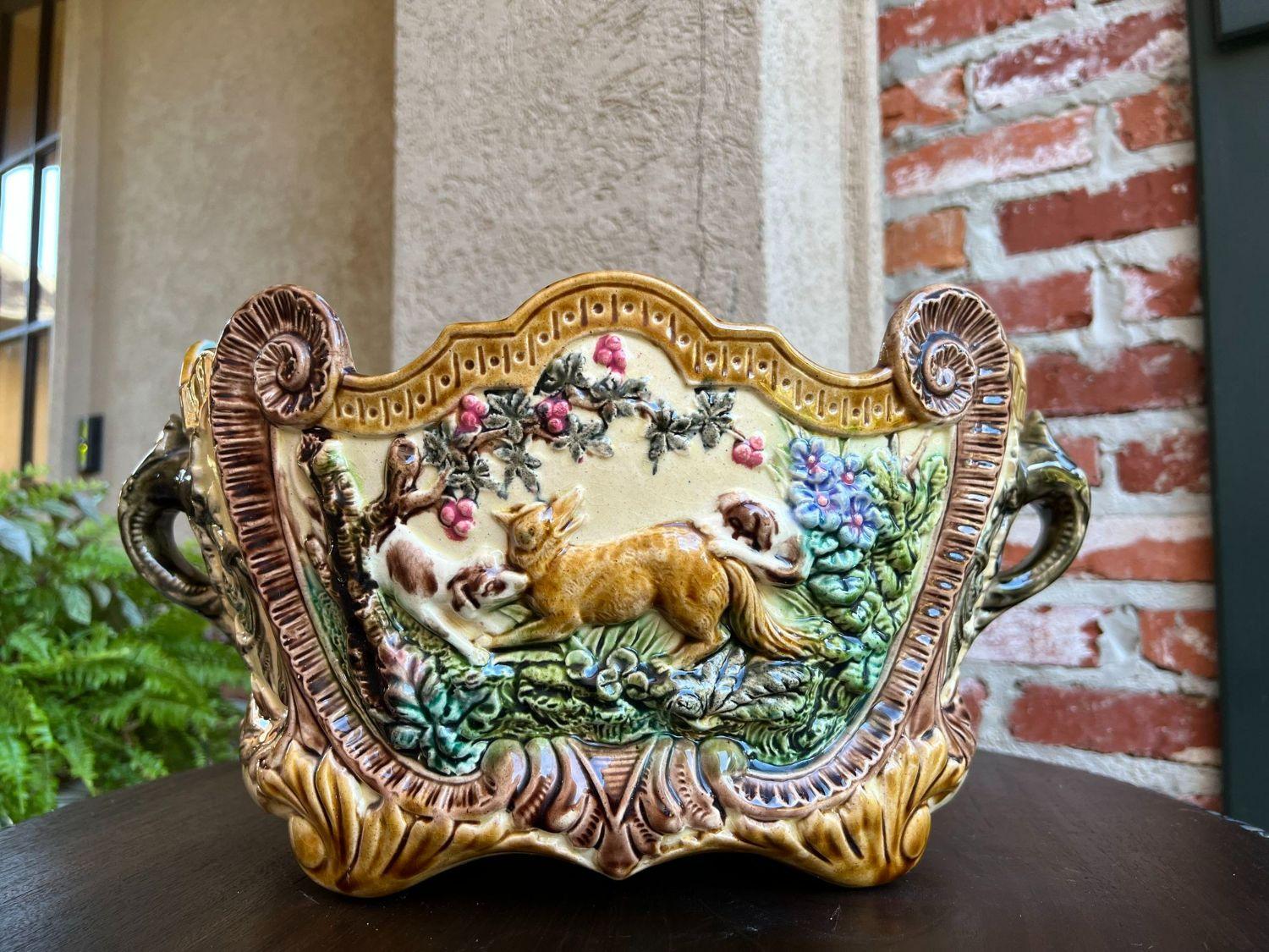 Hand-Painted Antique French Majolica Cache Pot Jardinière Dog Fox Hunt Forest Scene Planter For Sale