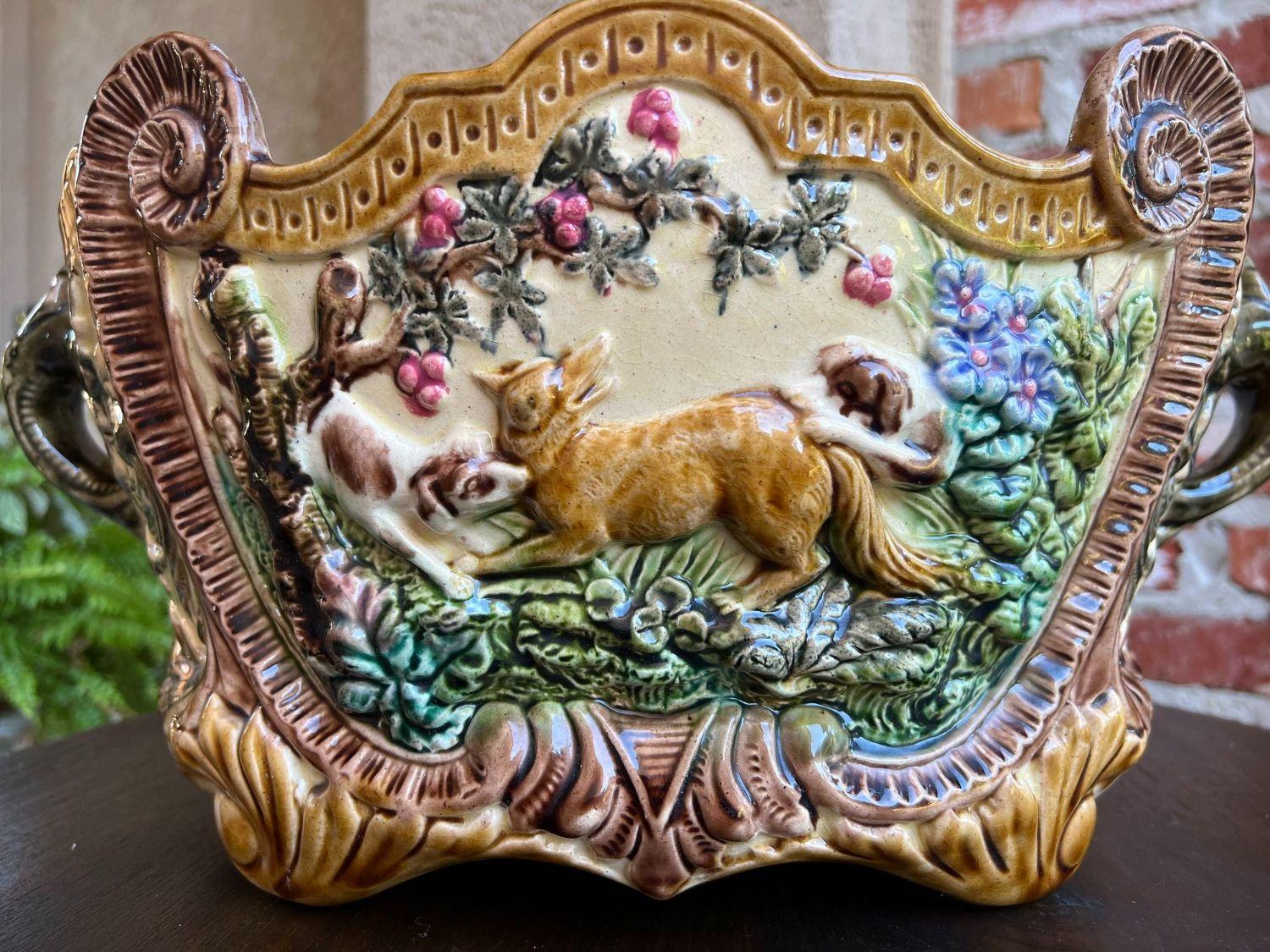 Antique French Majolica Cache Pot Jardinière Dog Fox Hunt Forest Scene Planter 1