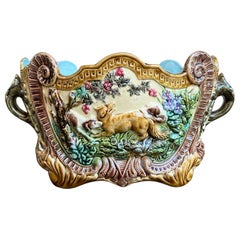 Antique French Majolica Cache Pot Jardinière Dog Fox Hunt Forest Scene Planter