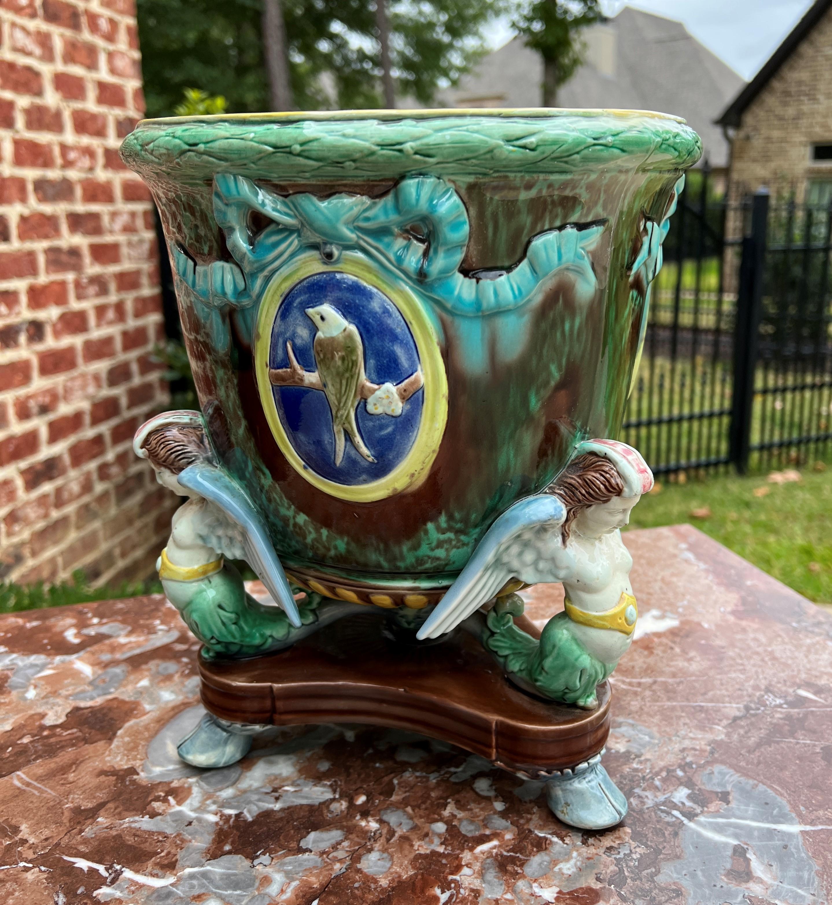 Antique French Majolica Cache Pot Planter Bowl Footed Jardiniere Angels Birds For Sale 4