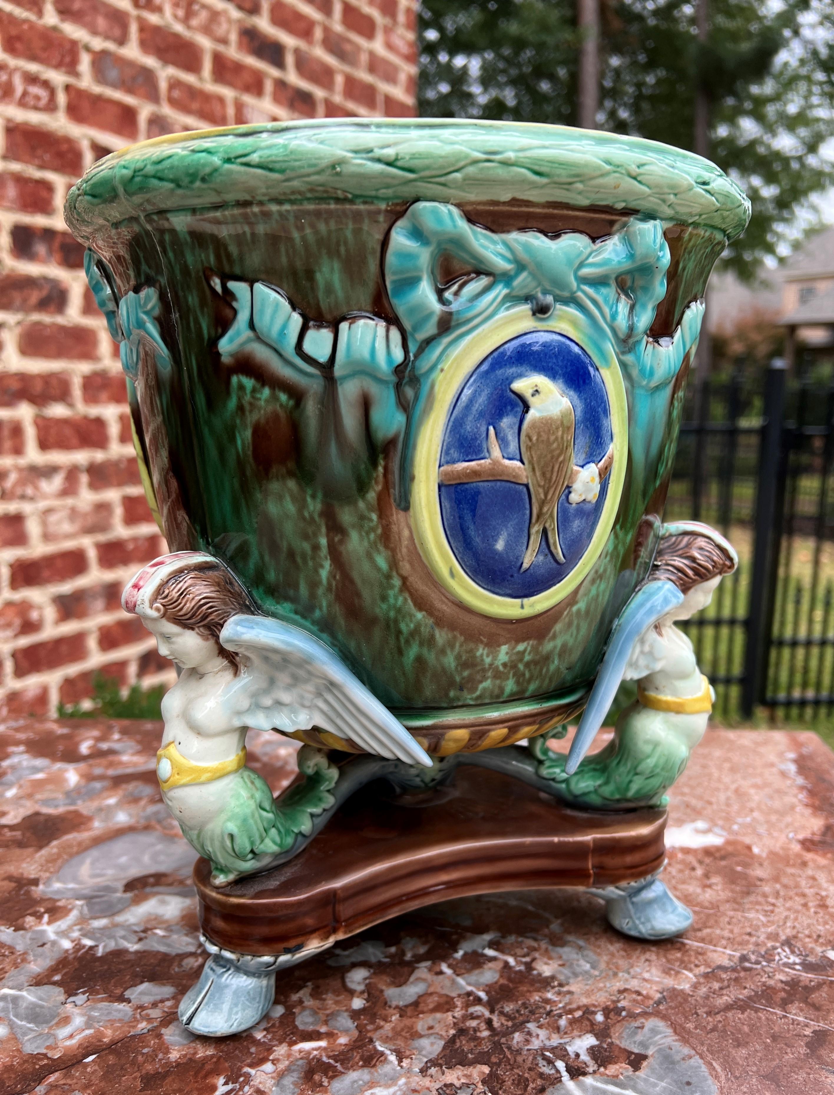 Antique French Majolica Cache Pot Planter Bowl Footed Jardiniere Angels Birds For Sale 5
