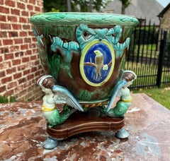 Antique English Majolica Cache Pot Planter Bowl Footed Jardiniere Angels Birds