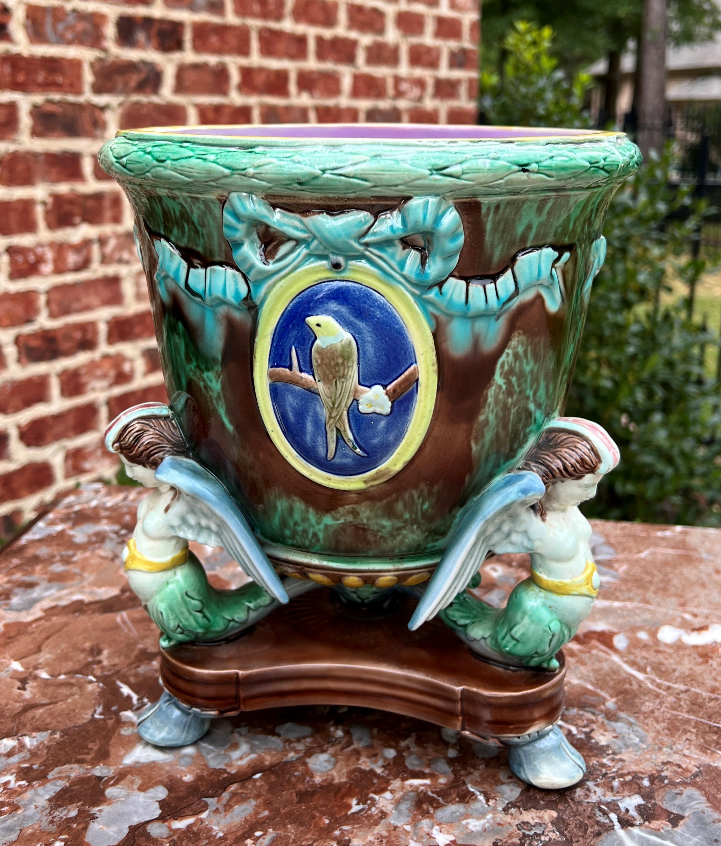 Art Nouveau Antique French Majolica Cache Pot Planter Bowl Footed Jardiniere Angels Birds For Sale